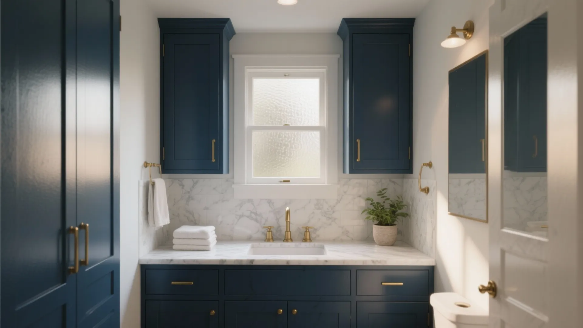 Navy blue bathroom cabinet with marble countertop gold faucets white sink window and gold wall light
