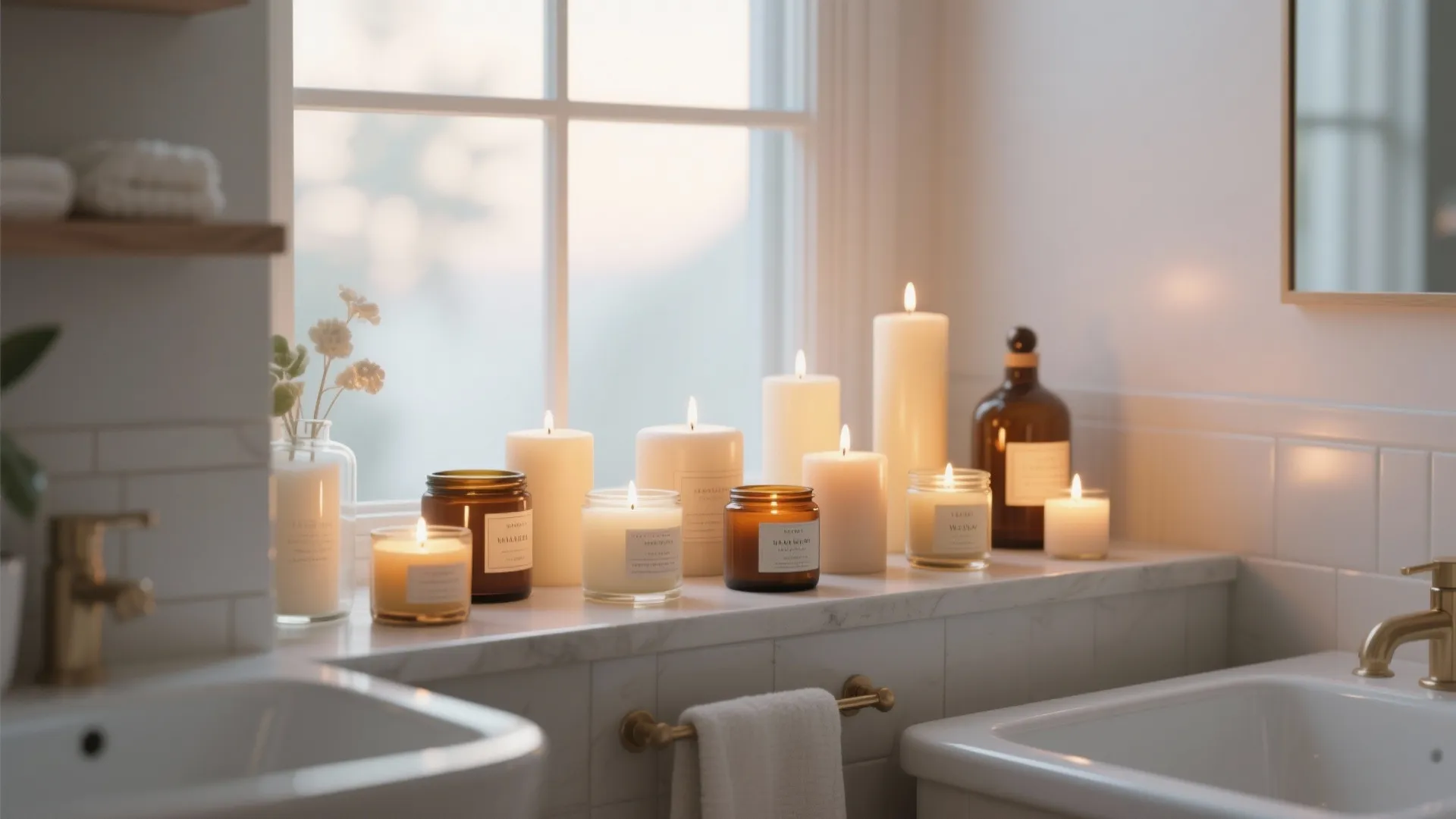 Various lit candles in glass jars and pillars sitting on a white marble bathroom ledge