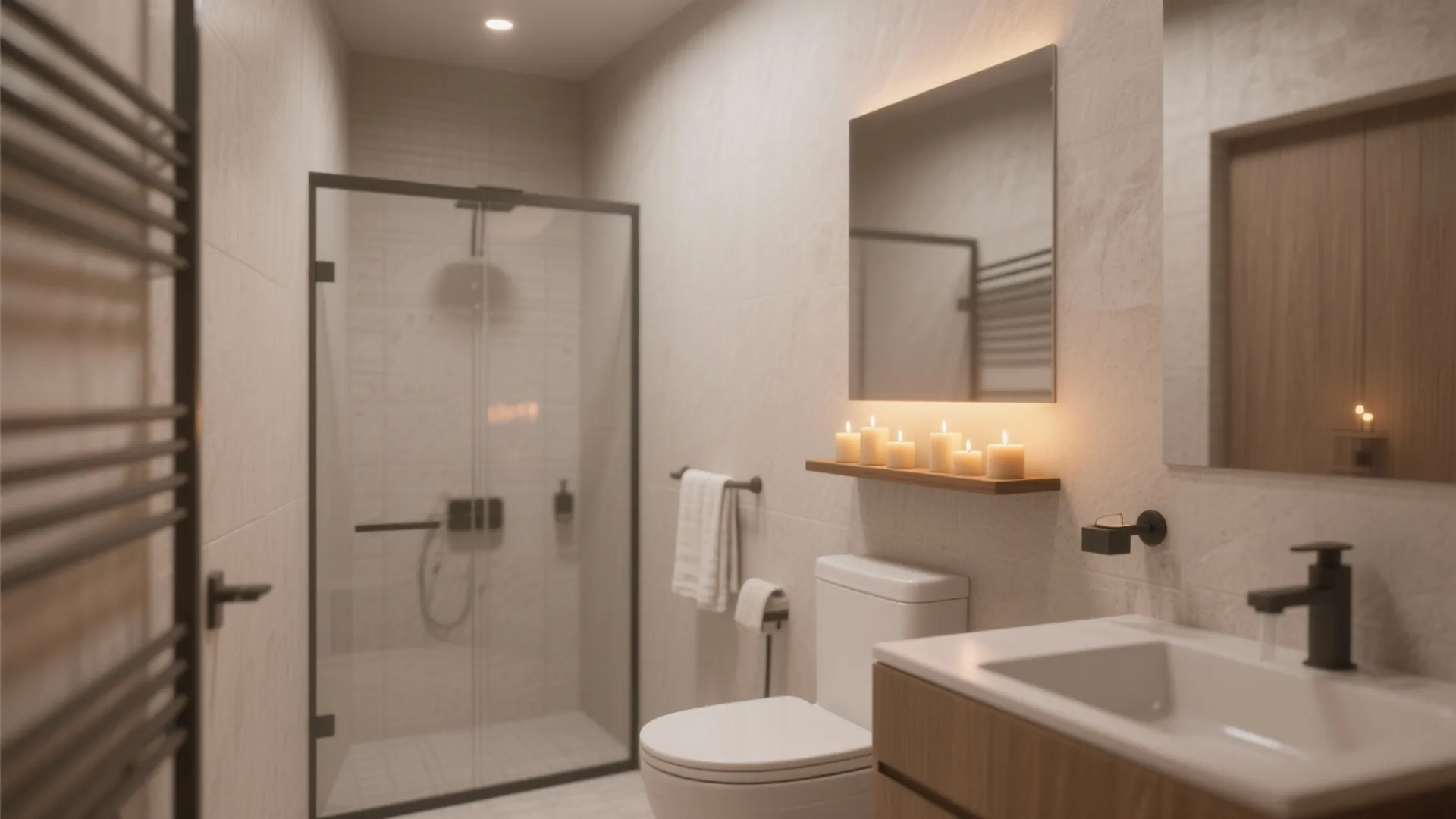 Bathroom with floating shelf holding neat row of candles