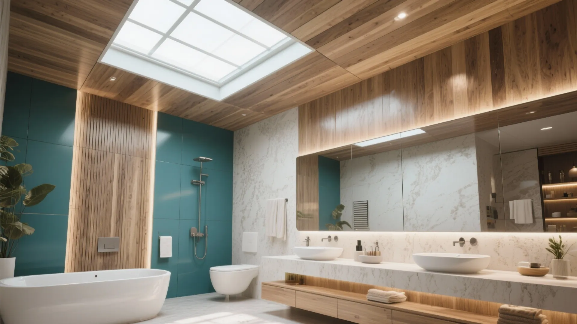 Modern bathroom with wood ceiling skylight green wall tiles white bathtub and marble double sink