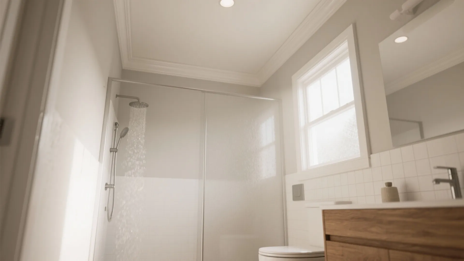 Bright bathroom interior with glass shower door, running water, white toilet, window, and wooden cabinet