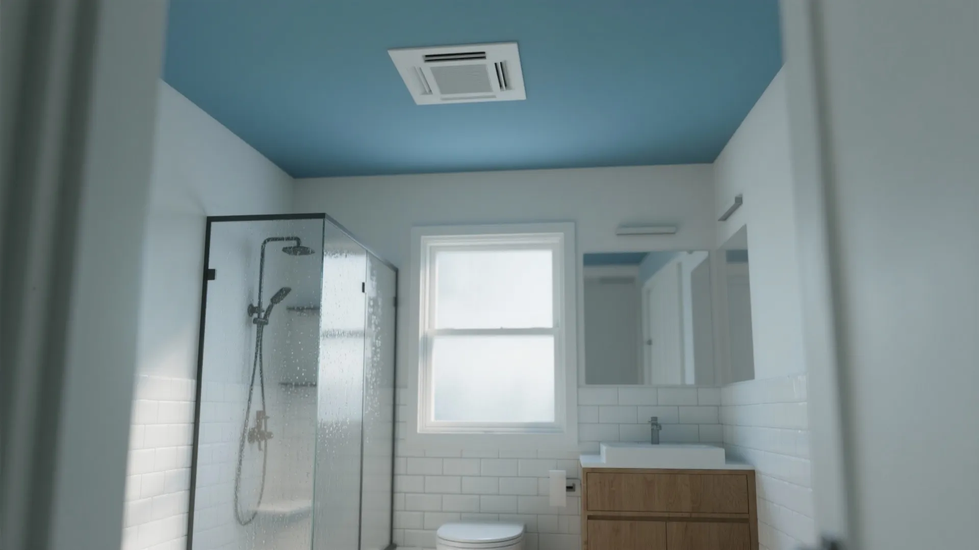 Modern bathroom interior design with blue ceiling white wall tiles glass shower and wooden cabinet