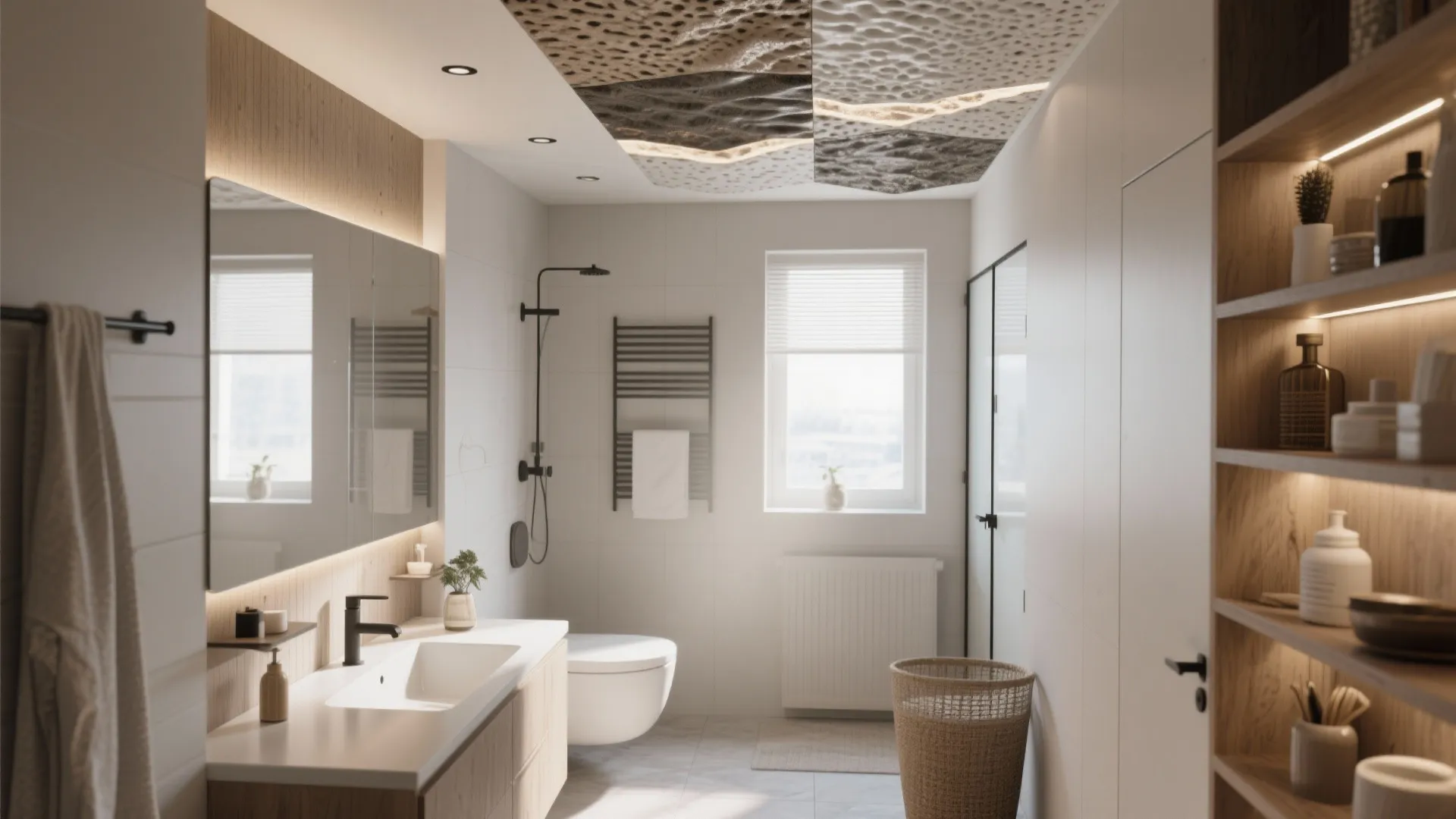 Modern bathroom featuring textured decorative ceiling panels wood vanity mirror toilet and bright natural window