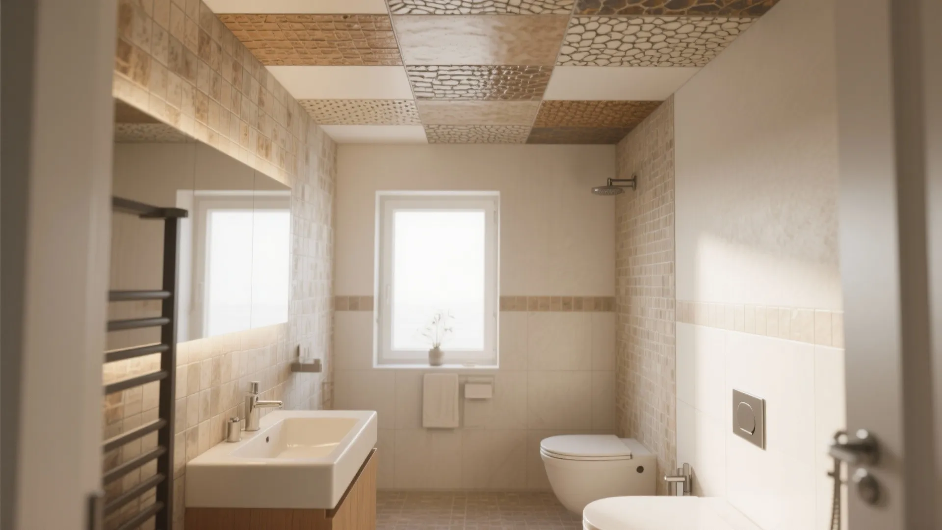 Clean bathroom layout with patterned ceiling tiles white sink toilet wall panel and roof window
