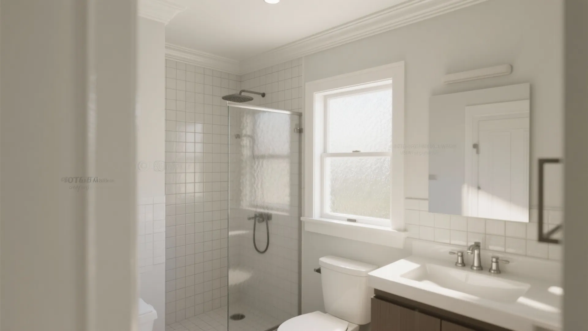 Simple white bathroom with glass shower door toilet white sink mirror and a small window