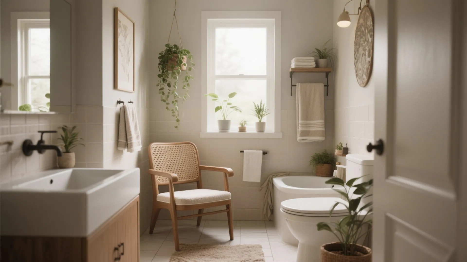 Cozy bathroom interior with a wooden armchair featuring a cane back near plants and window