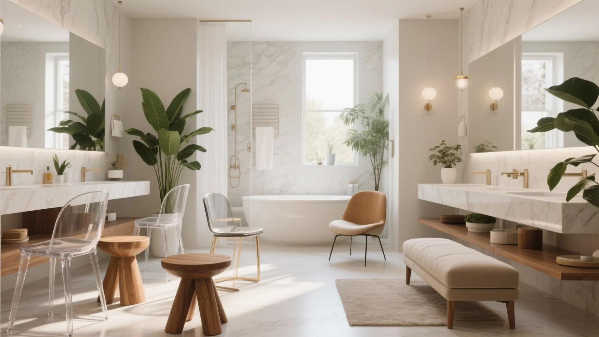 Modern bright bathroom with marble walls and a white bathtub and various stylish seating chairs