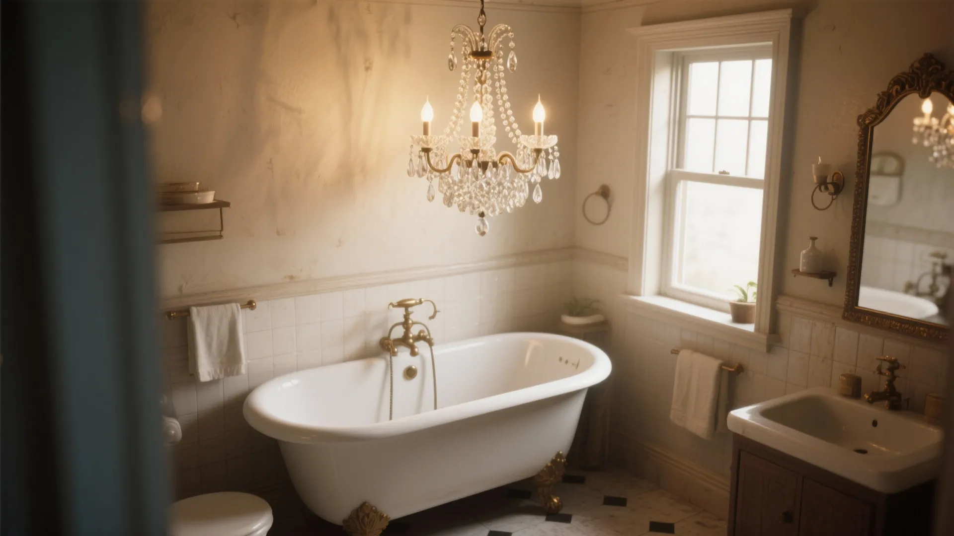 Elegant bathroom featuring a white bathtub crystal ceiling light gold wall light and wooden vanity