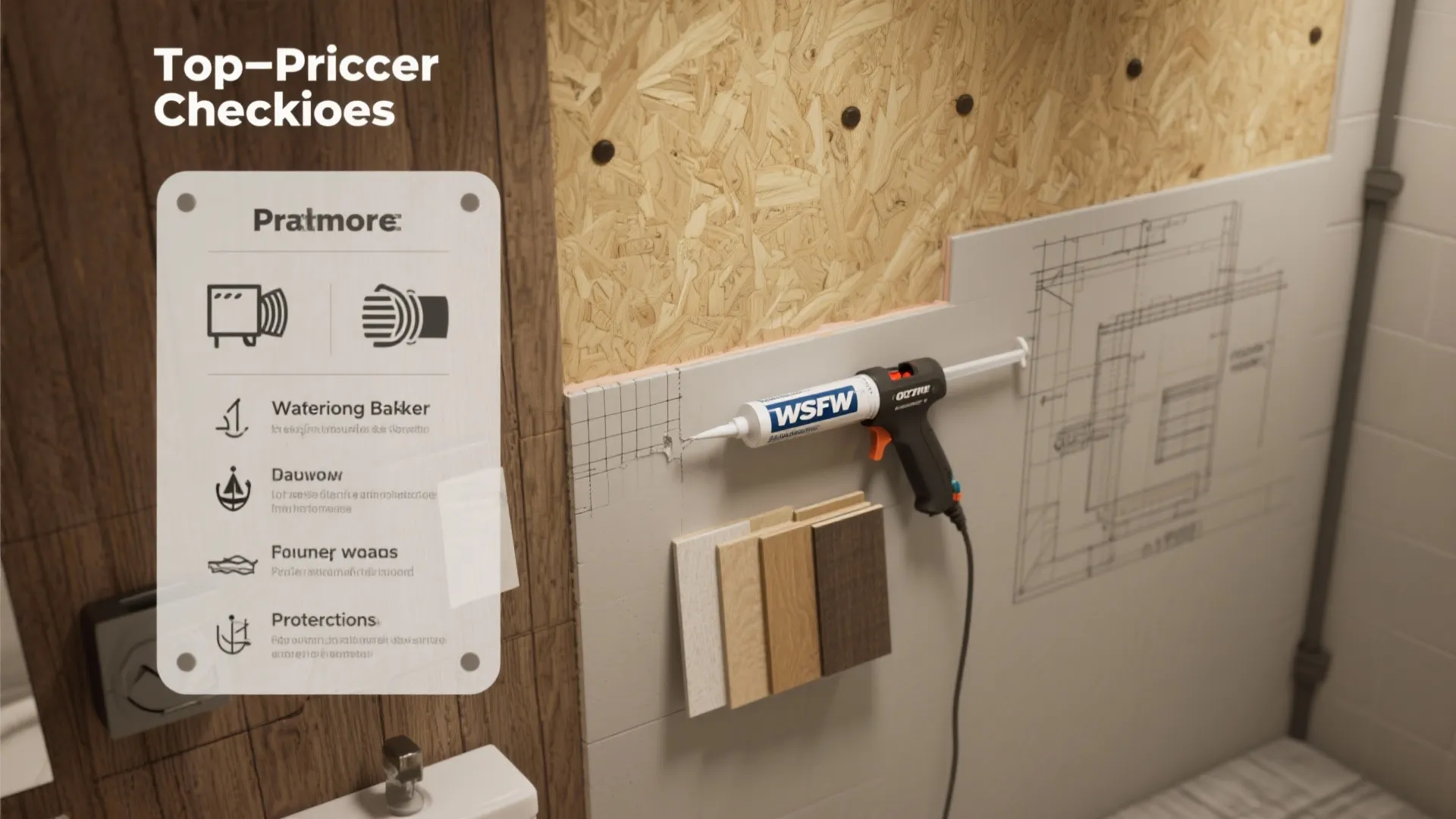 Top-down checklist scene with waterproofing samples, sealant, and a sketched wall layout for bathroom wood best practices.