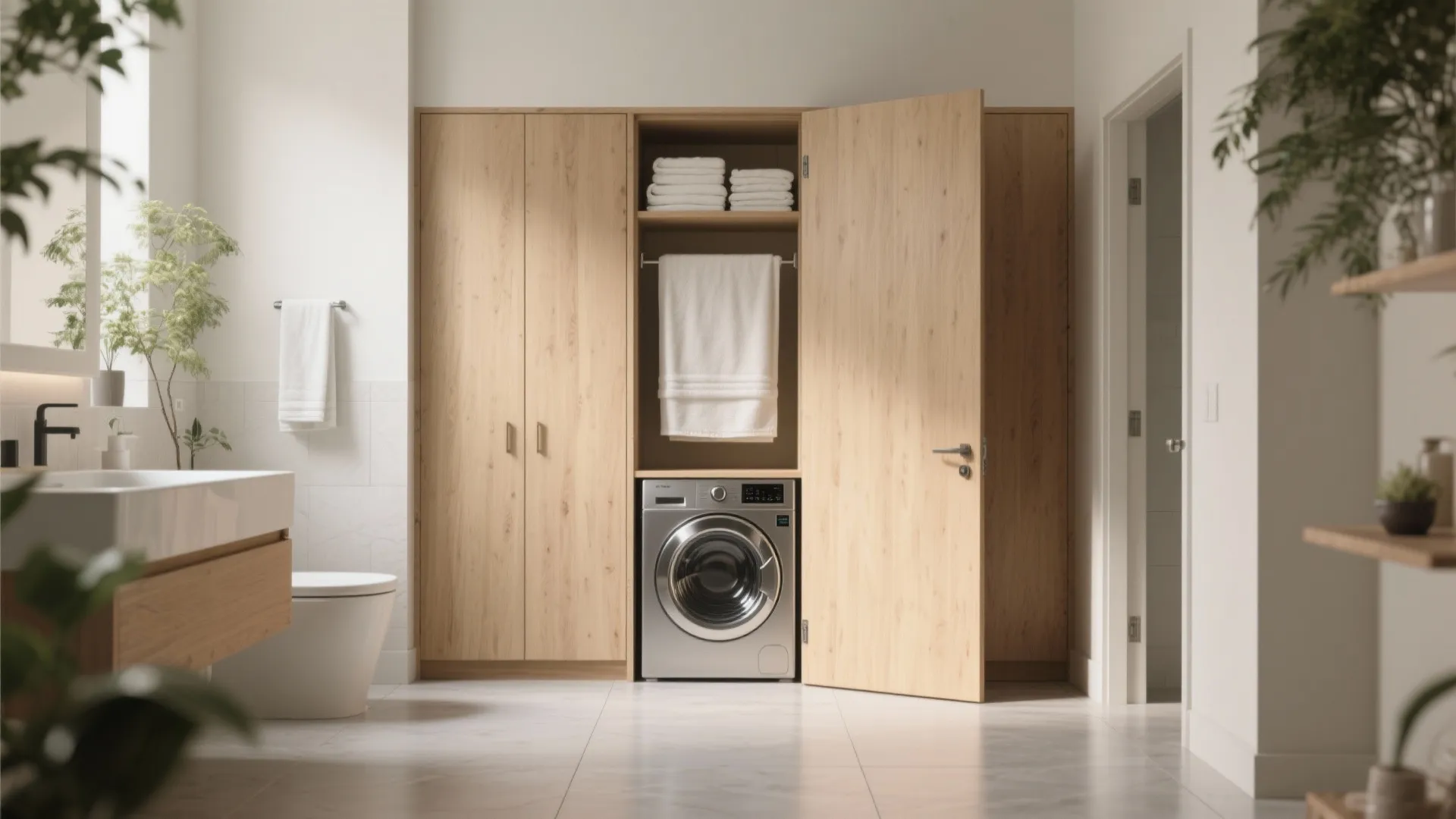 Modern bathroom with silver washing machine hidden inside wood cabinet beside white sink and toilet