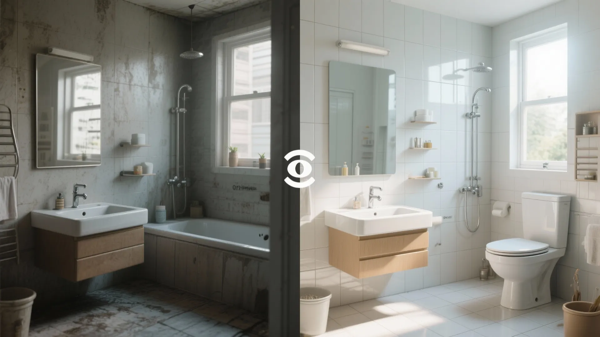 Before and after comparison showing a dirty old bathroom versus a clean bright modern bathroom