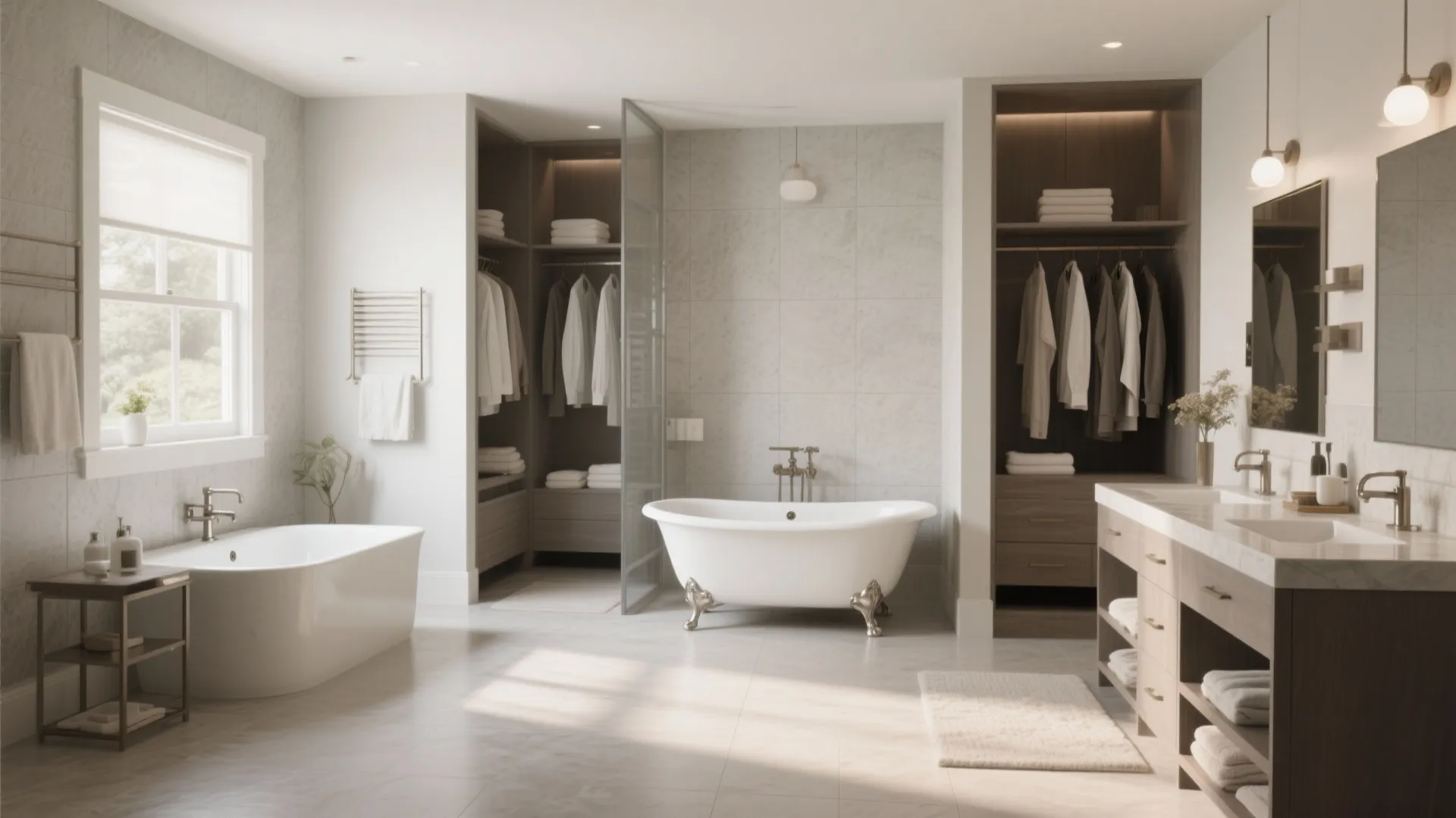 Spacious bathroom interior design with two separate bathtubs wooden cabinets and large walk in closet space