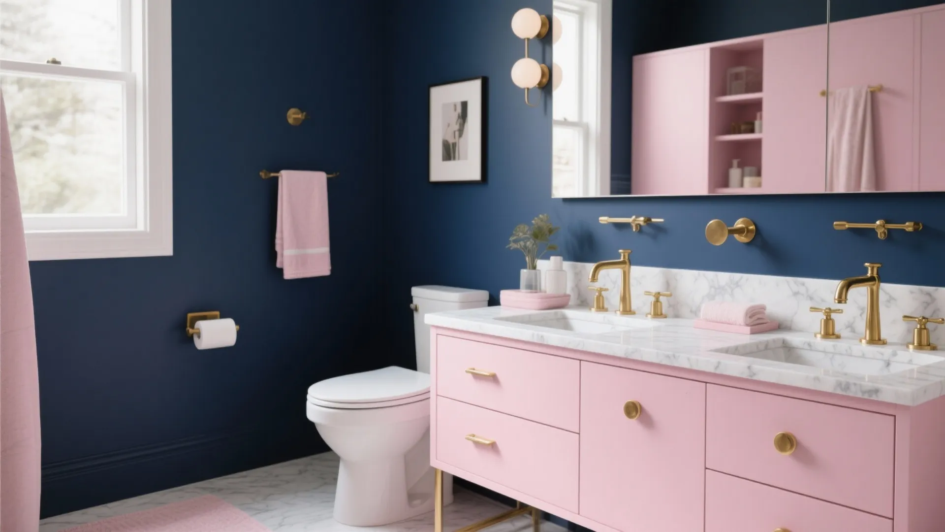 Modern bathroom with dark blue walls pink vanity marble top gold faucets and white toilet
