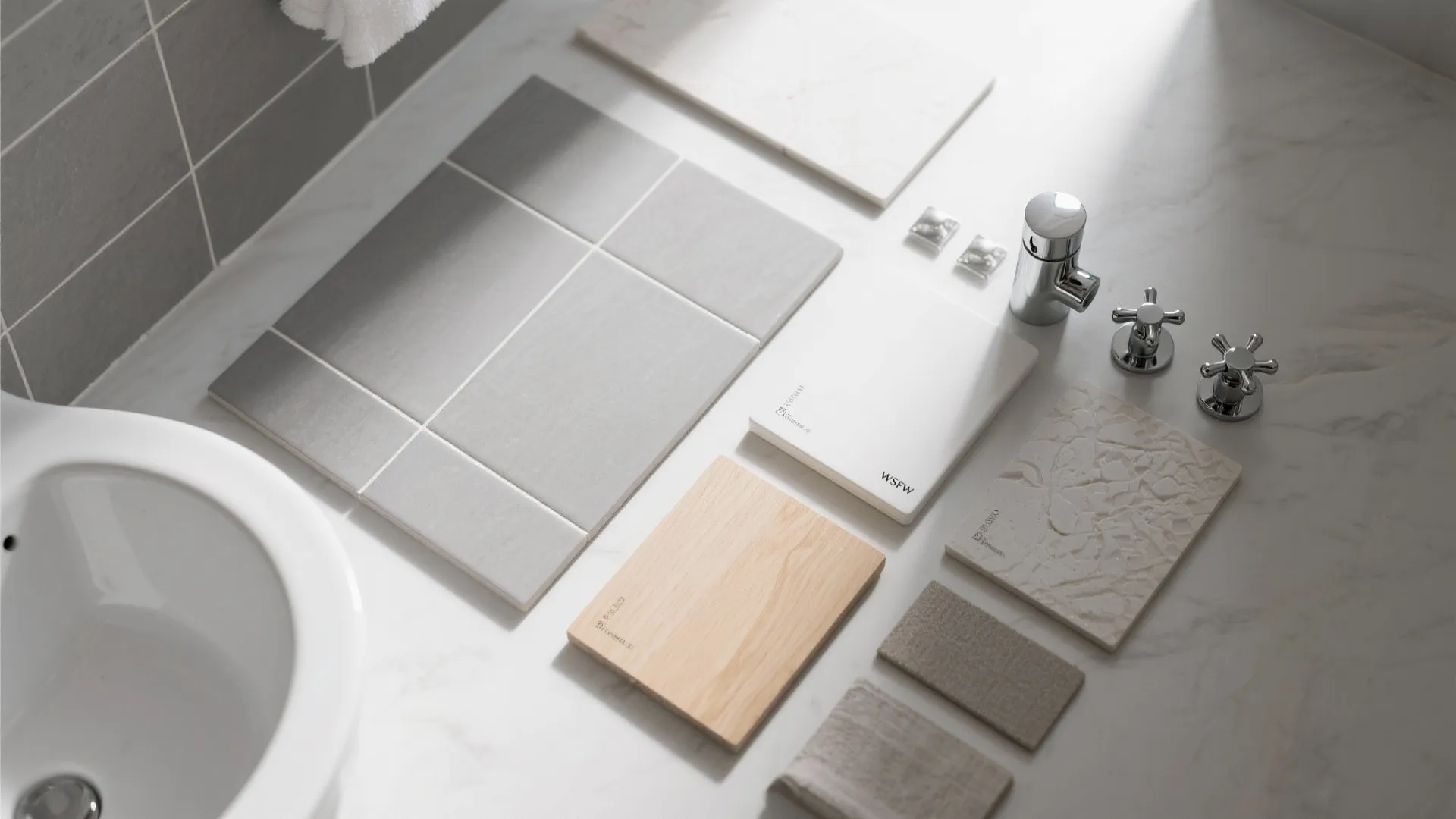 Bathroom material samples in soft grey and white tones