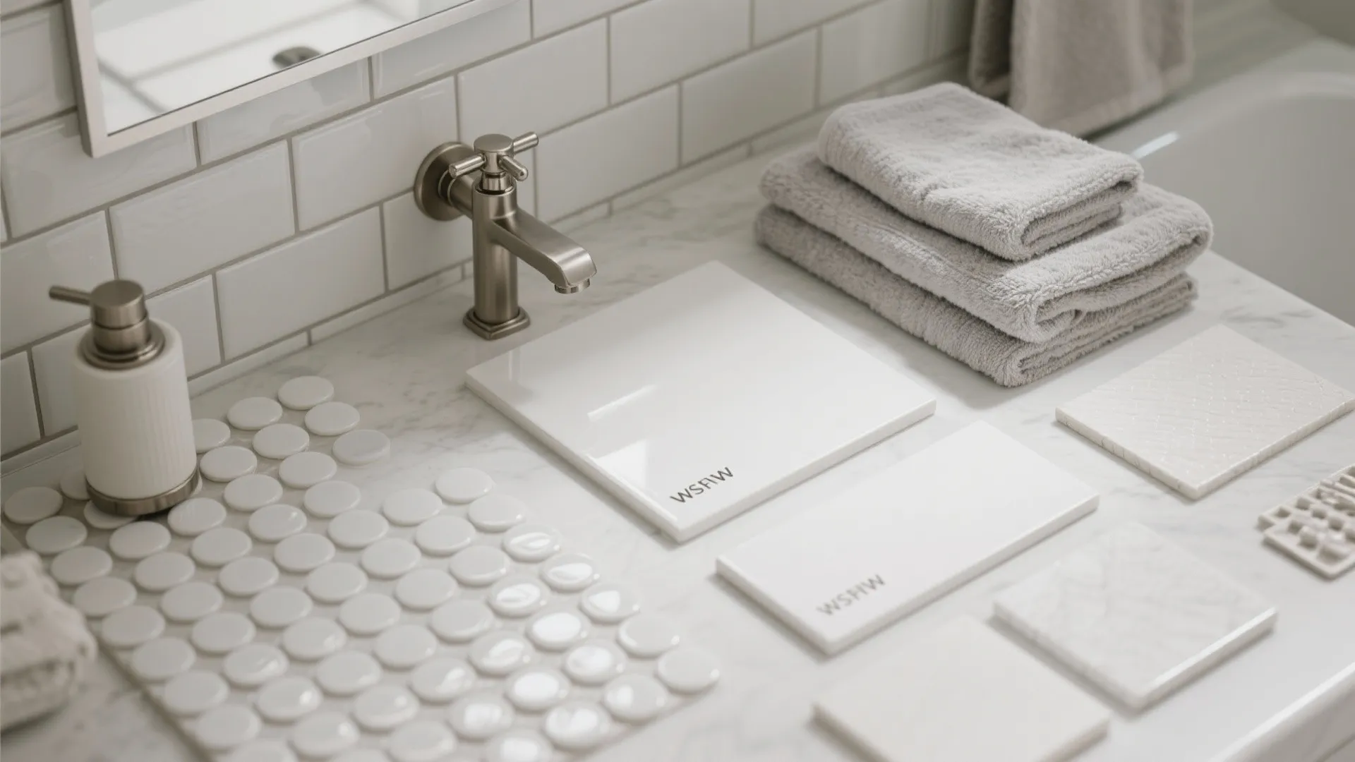 White marble bathroom counter with grey towels, soap dispenser, faucet, and various small tile samples
