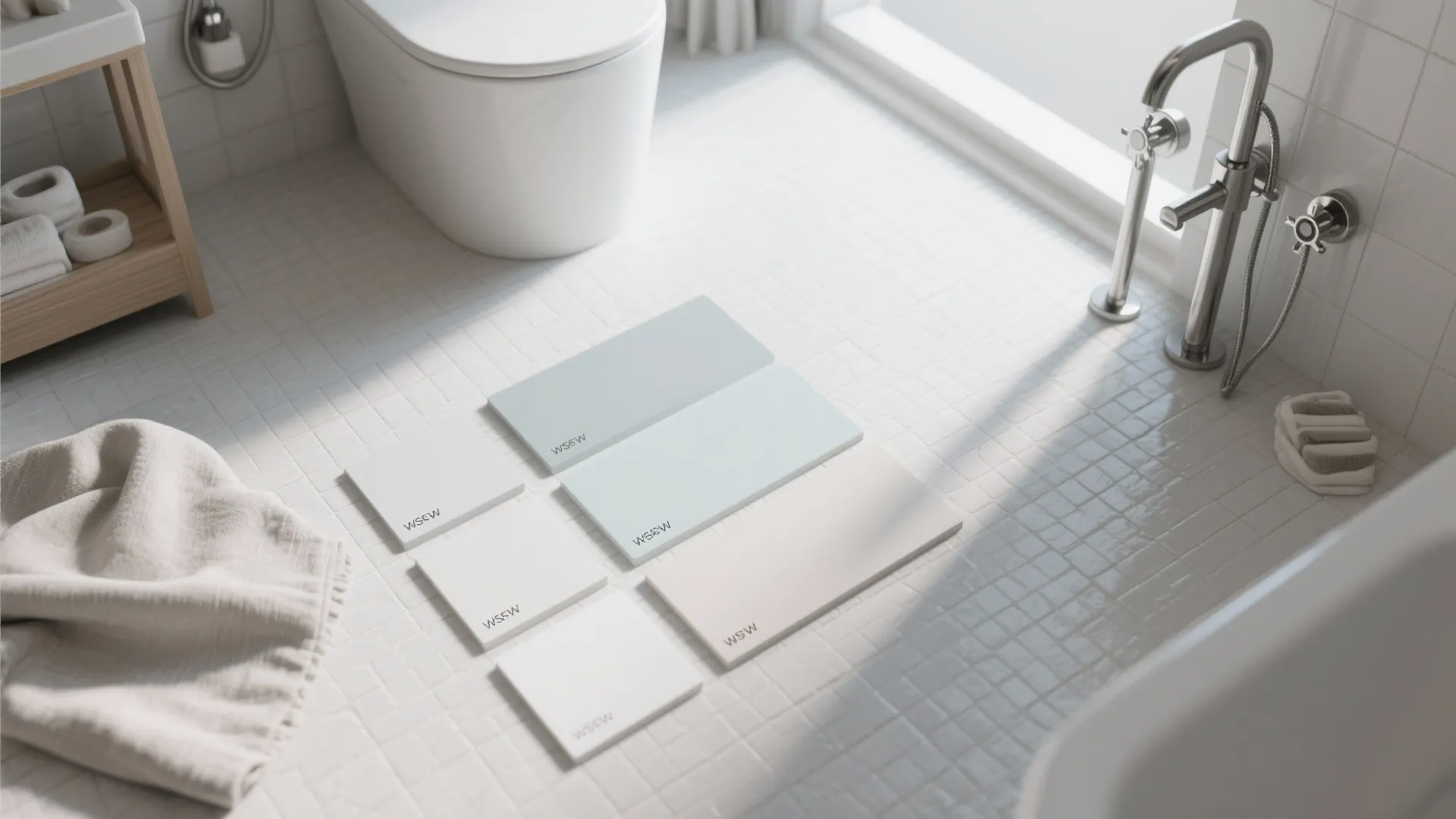 Modern bathroom floor with light colored tiles showing color palette samples and a white toilet