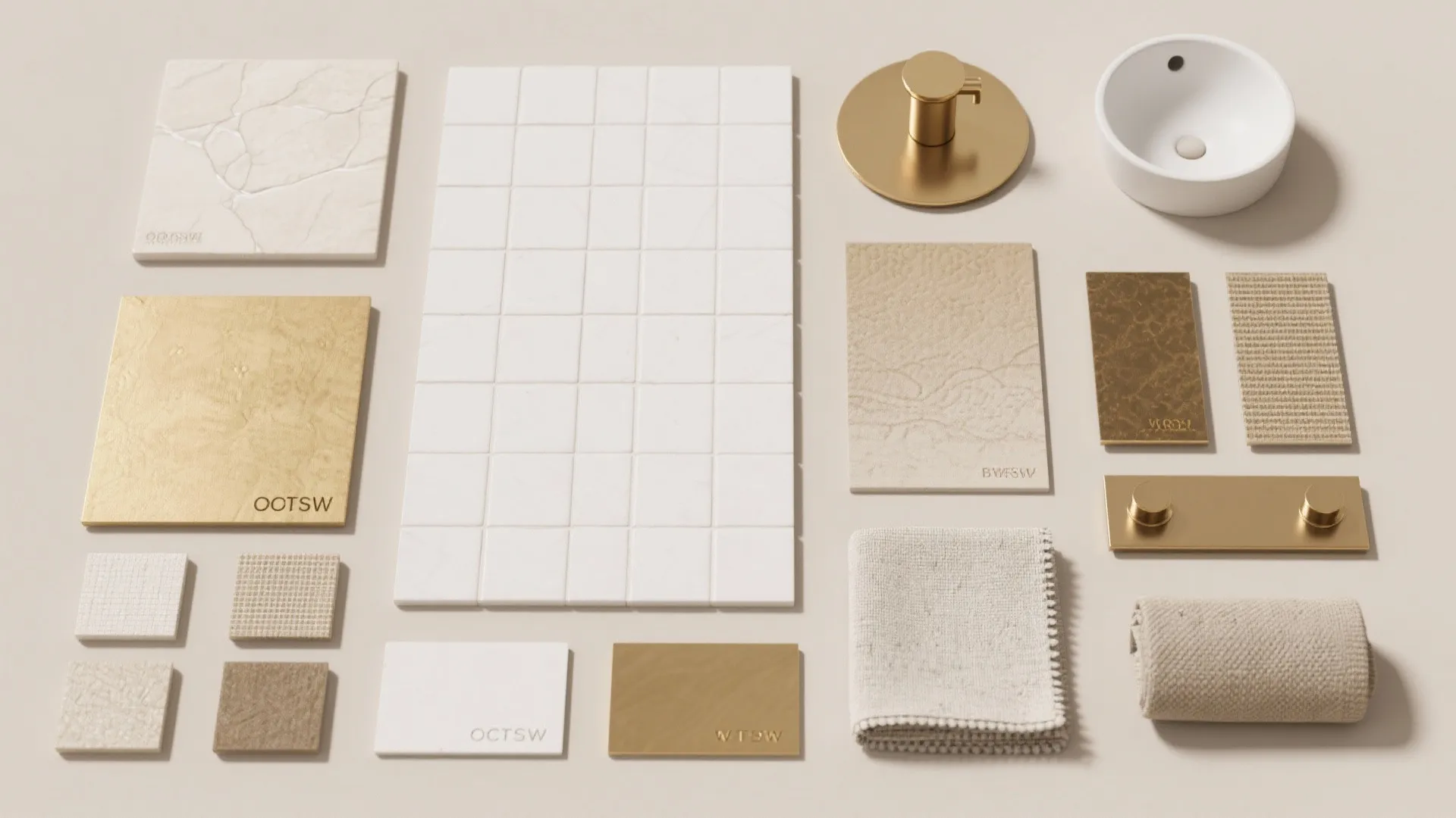 Bathroom material mood board with white tiles gold metal plates small sink and soft fabric