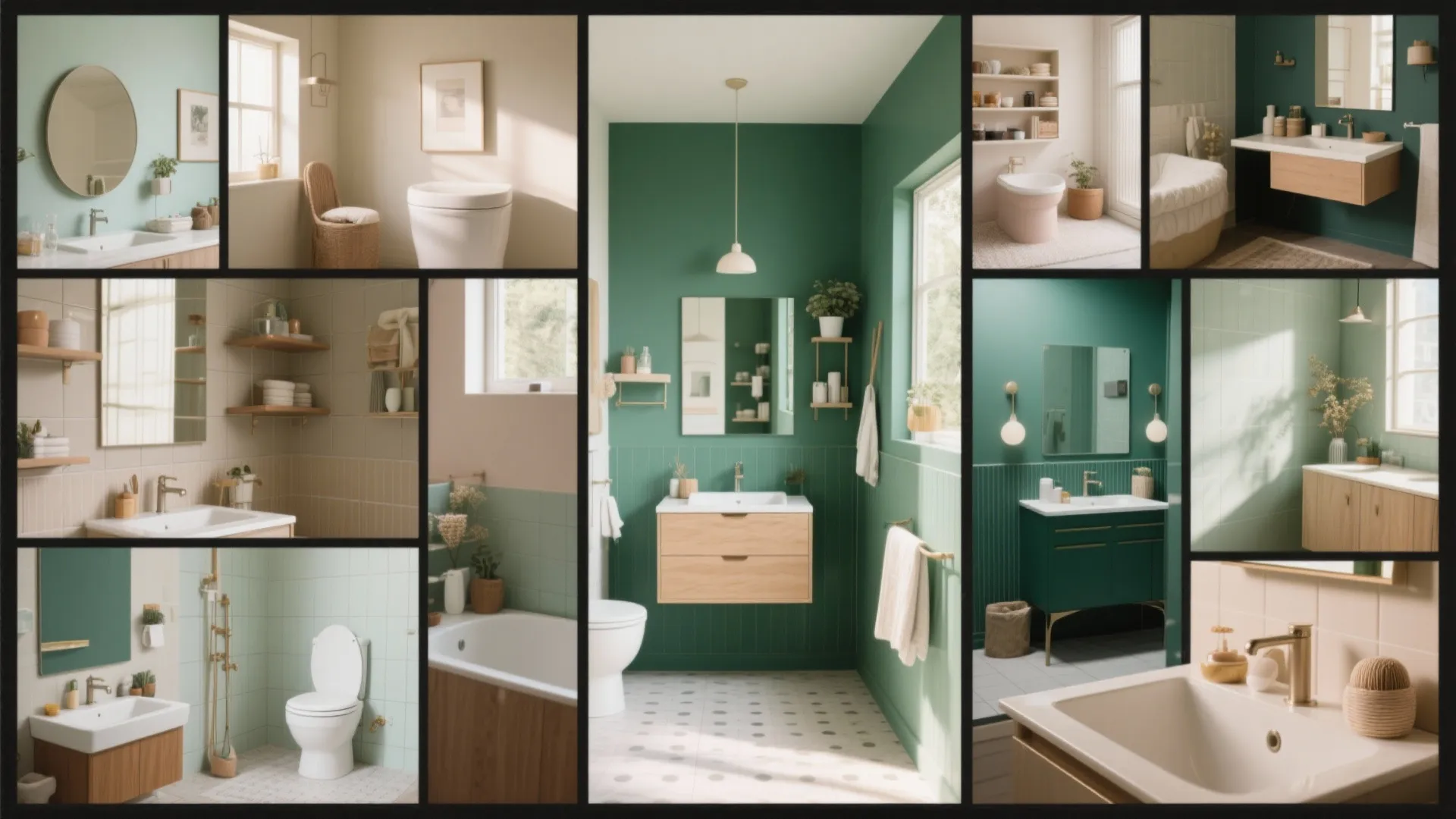 Collage of modern bathroom designs showing different green and beige color palettes with various furniture styles