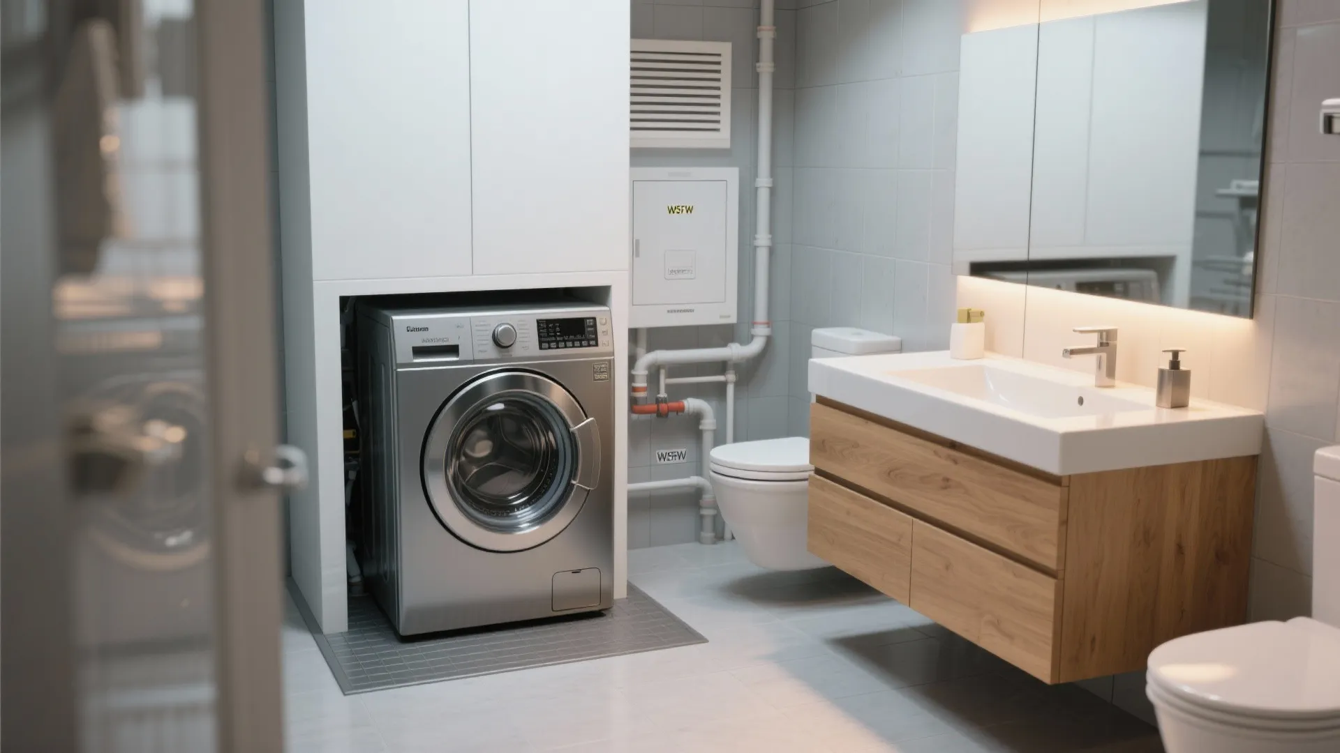 Modern bathroom with silver washing machine under white cabinet wooden vanity sink mirror and white toilet
