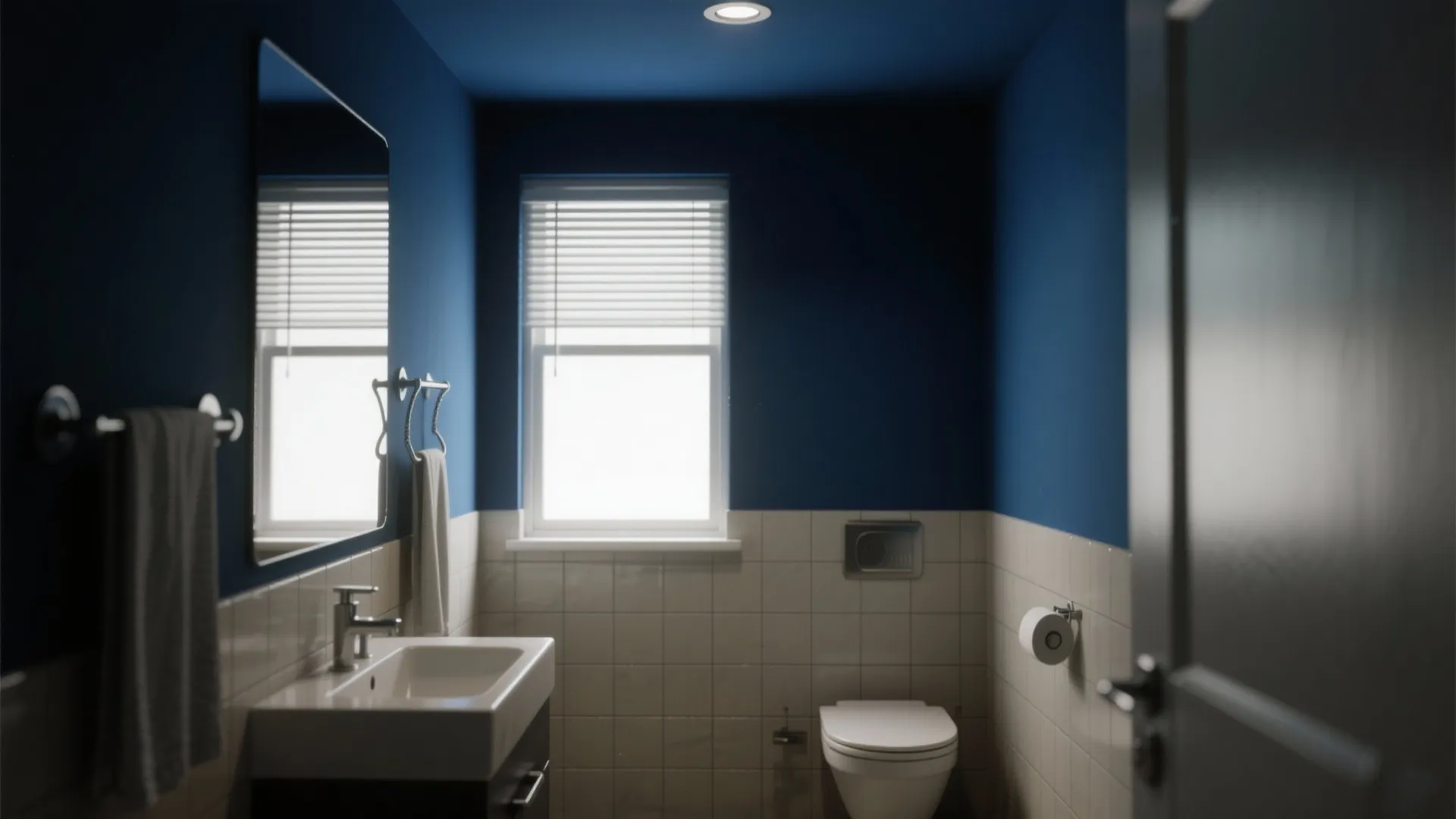 Small bathroom with a single saturated accent wall in deep navy contrasted with neutral fixtures and tile.