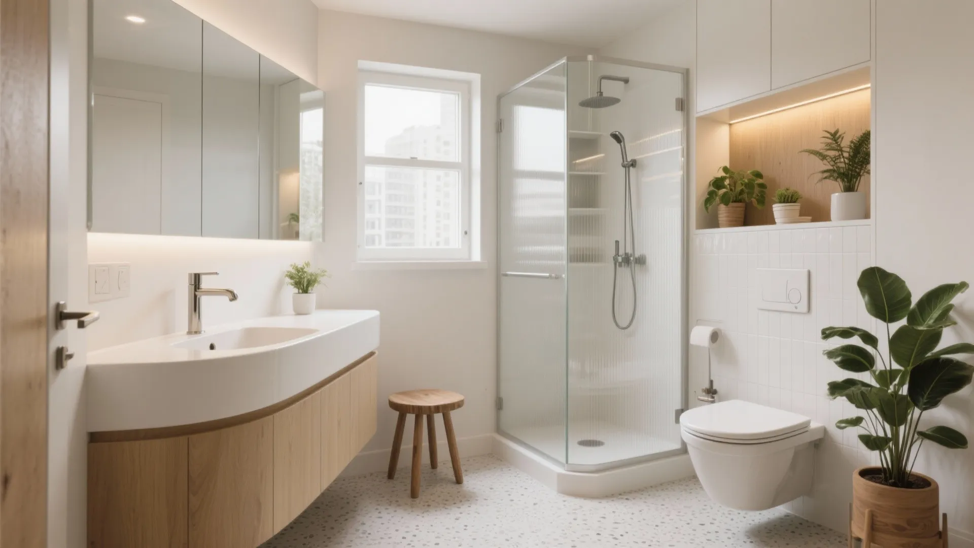 Modern bright bathroom with wooden cabinet white sink glass shower toilet plants and round wooden stool