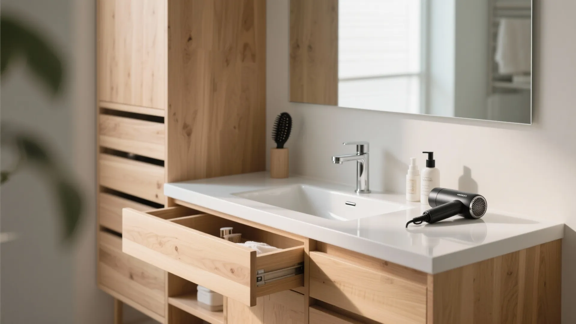 Modern wood bathroom cabinet with open drawer and white sink featuring a black hair dryer