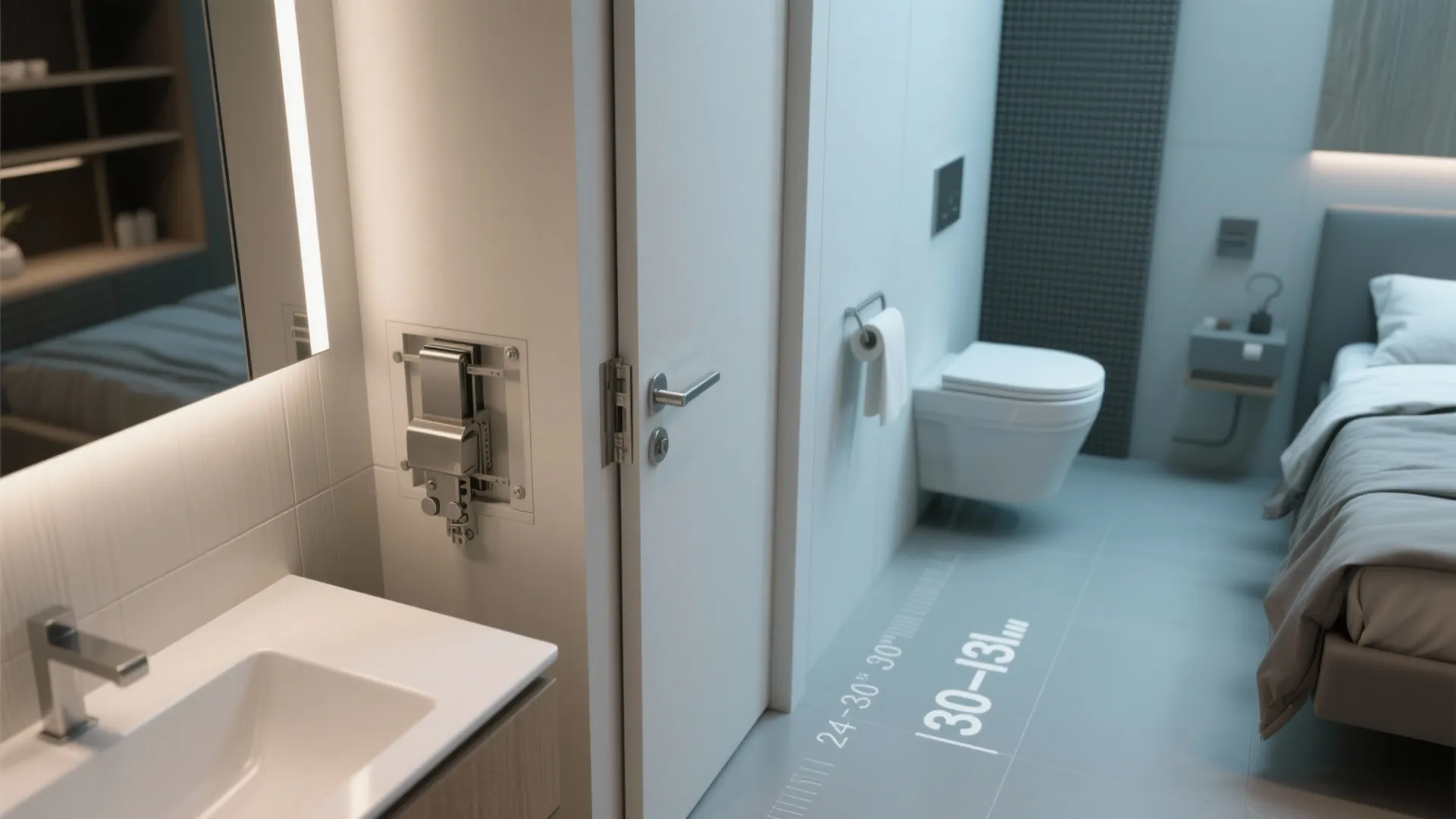 Close-up of pocket door mechanism, wall-hung toilet bracket, and narrow walkway measurements for space-saving bathrooms.