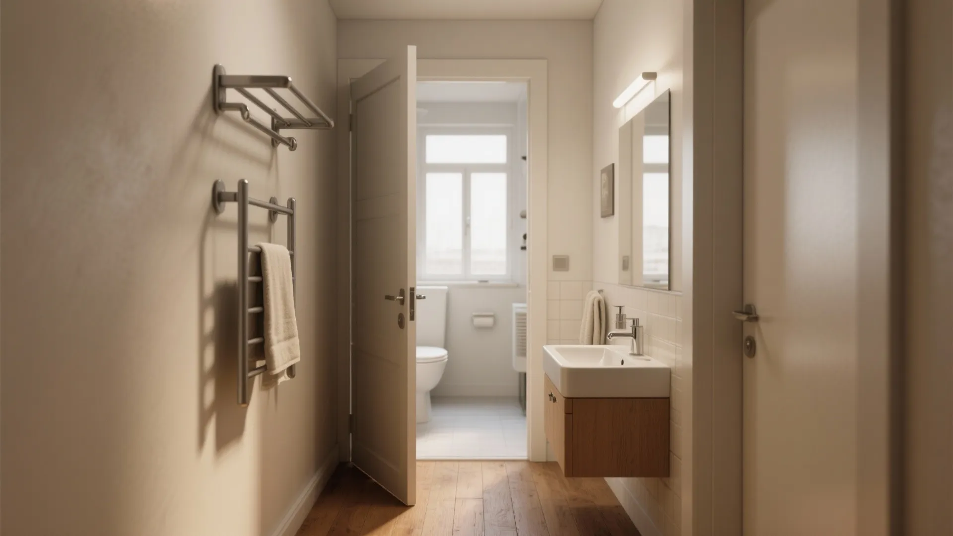 Modern bathroom interior design with open white door wooden floor sink and light fixture on wall