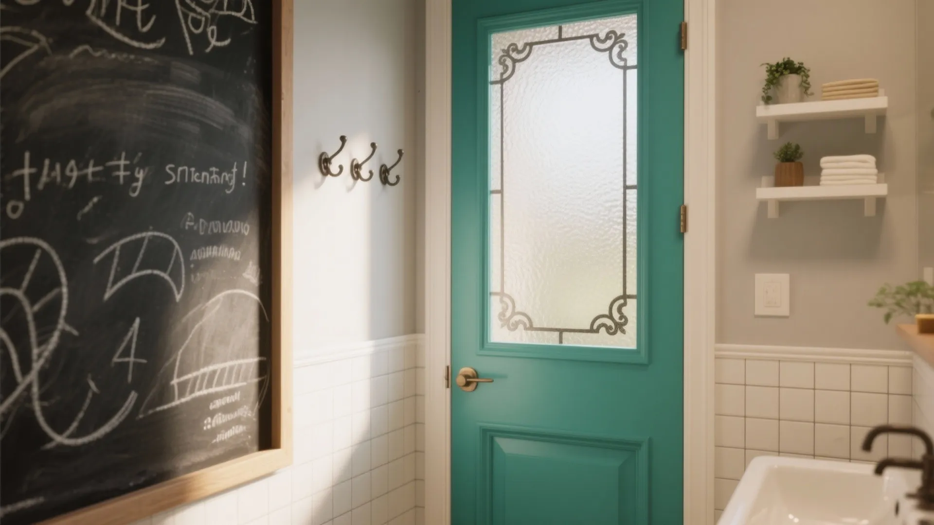 Teal bathroom door with frosted glass window panel next to a chalkboard and white tiles