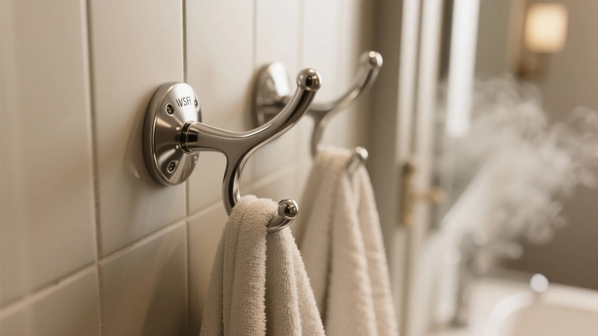 Metal wall hooks mounted on white tiles holding a white towel in a bright bathroom