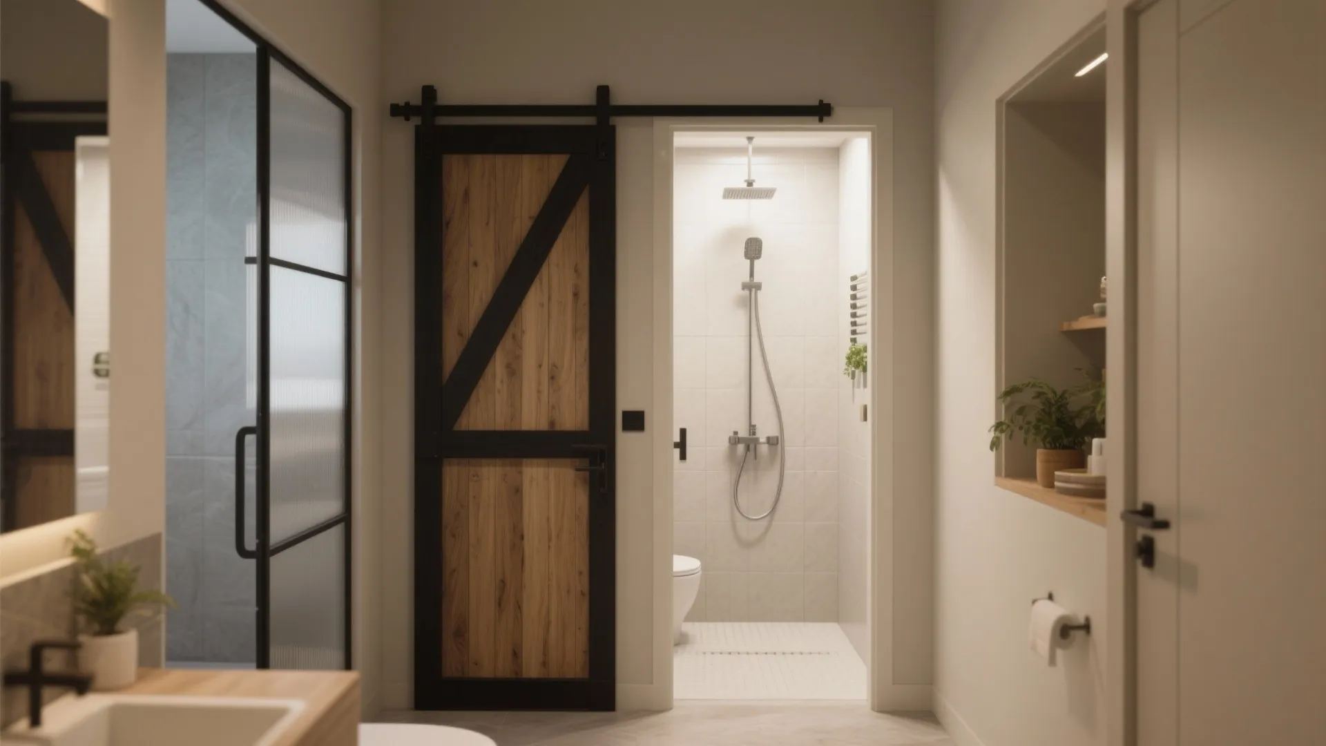 Modern bathroom interior featuring wooden sliding door and view into a white tiled shower room