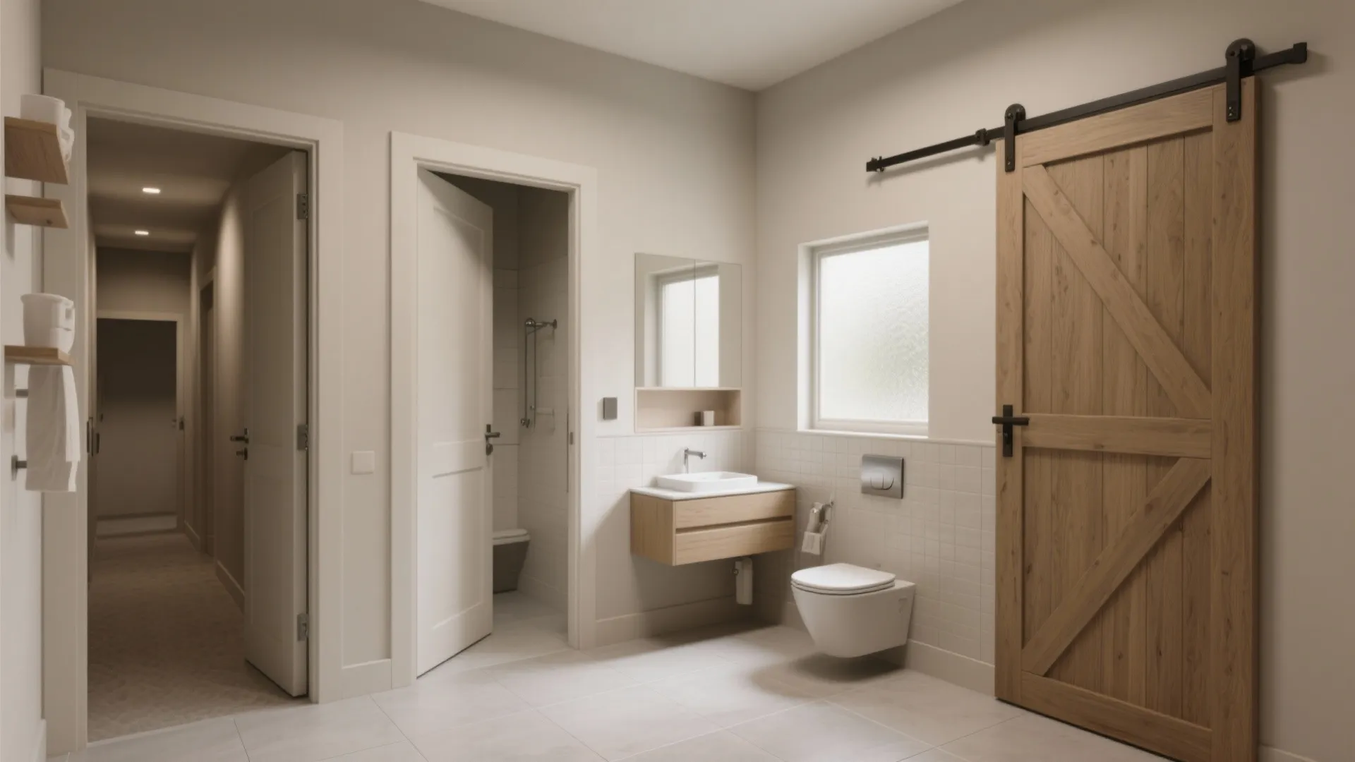 Minimalist bathroom interior design drawing featuring a sliding wooden barn door and a white toilet