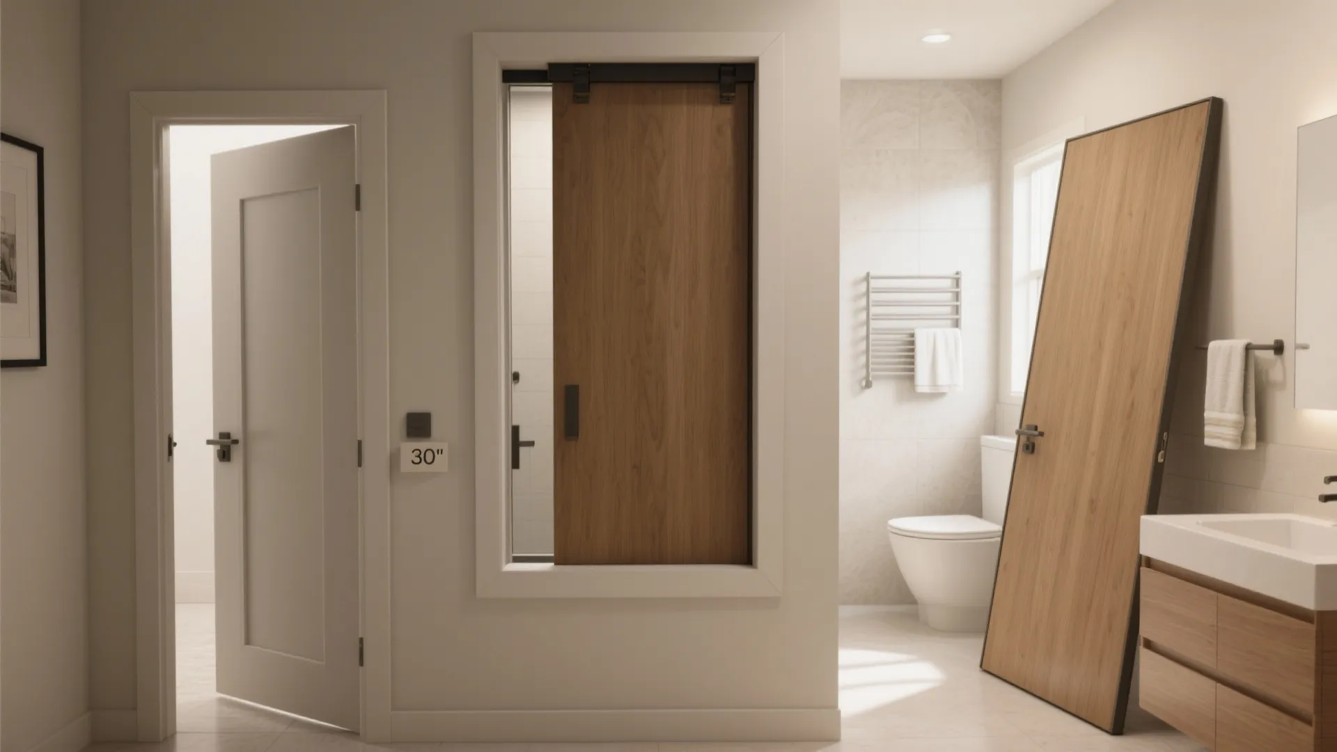 Modern bathroom layout showing multiple wooden door styles and sizes including a sliding barn door
