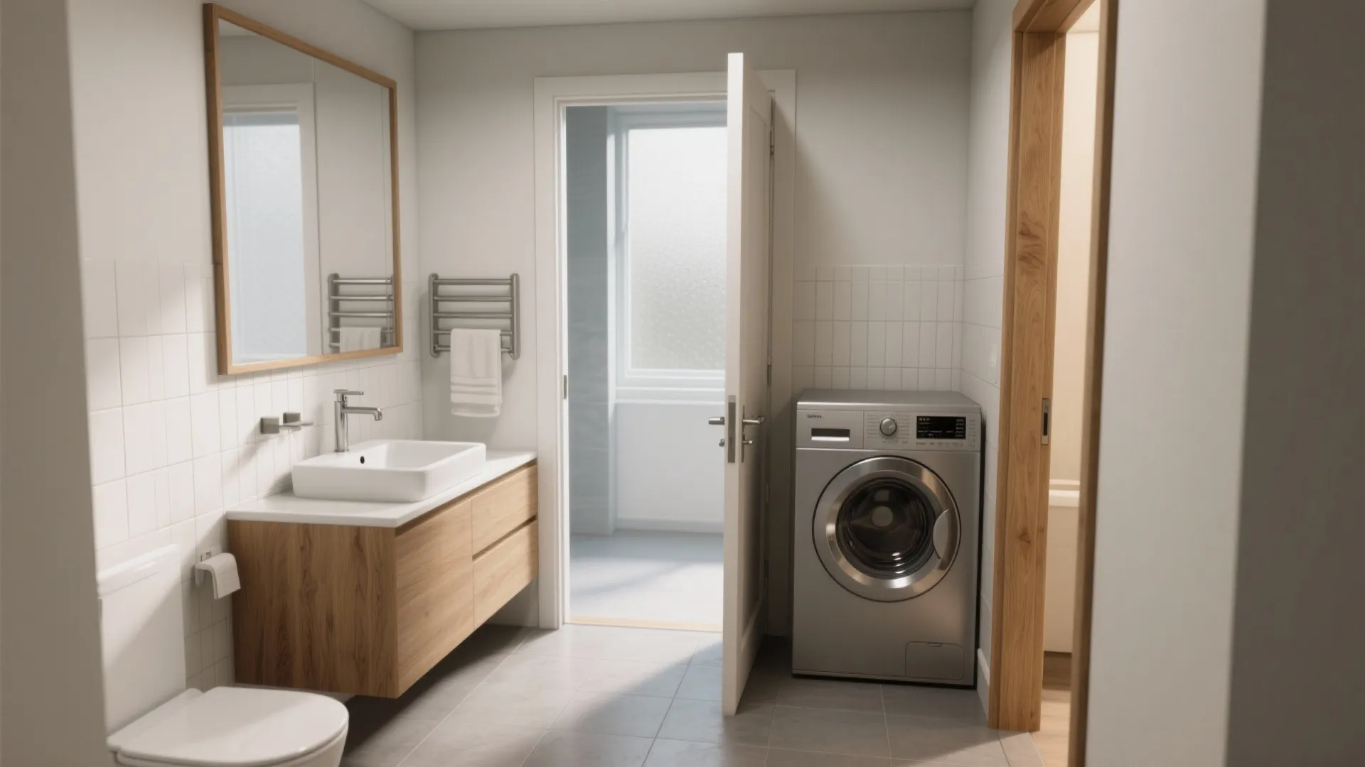 Modern white bathroom with wooden cabinet sink silver washing machine toilet and open white door