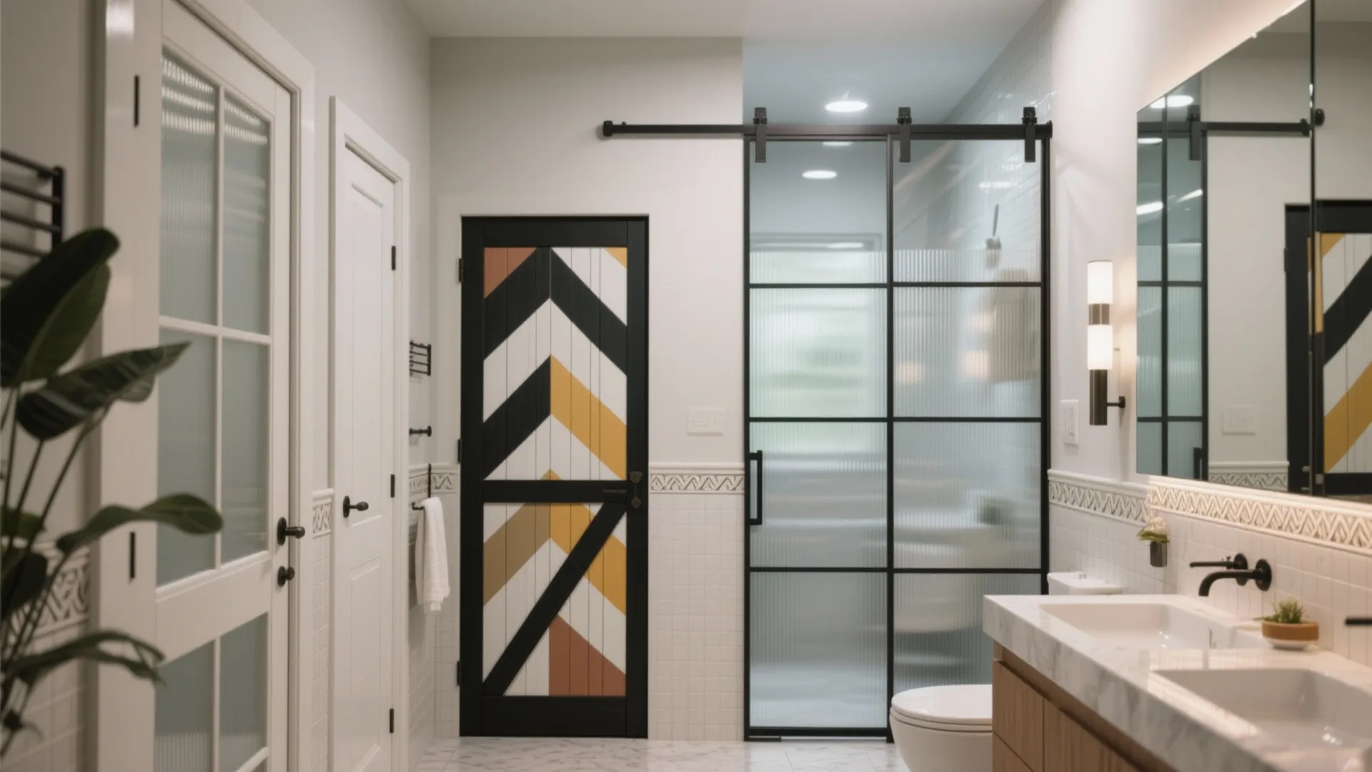 Bright bathroom interior featuring a colorful pattern door sliding glass partition white sink and wall mirror