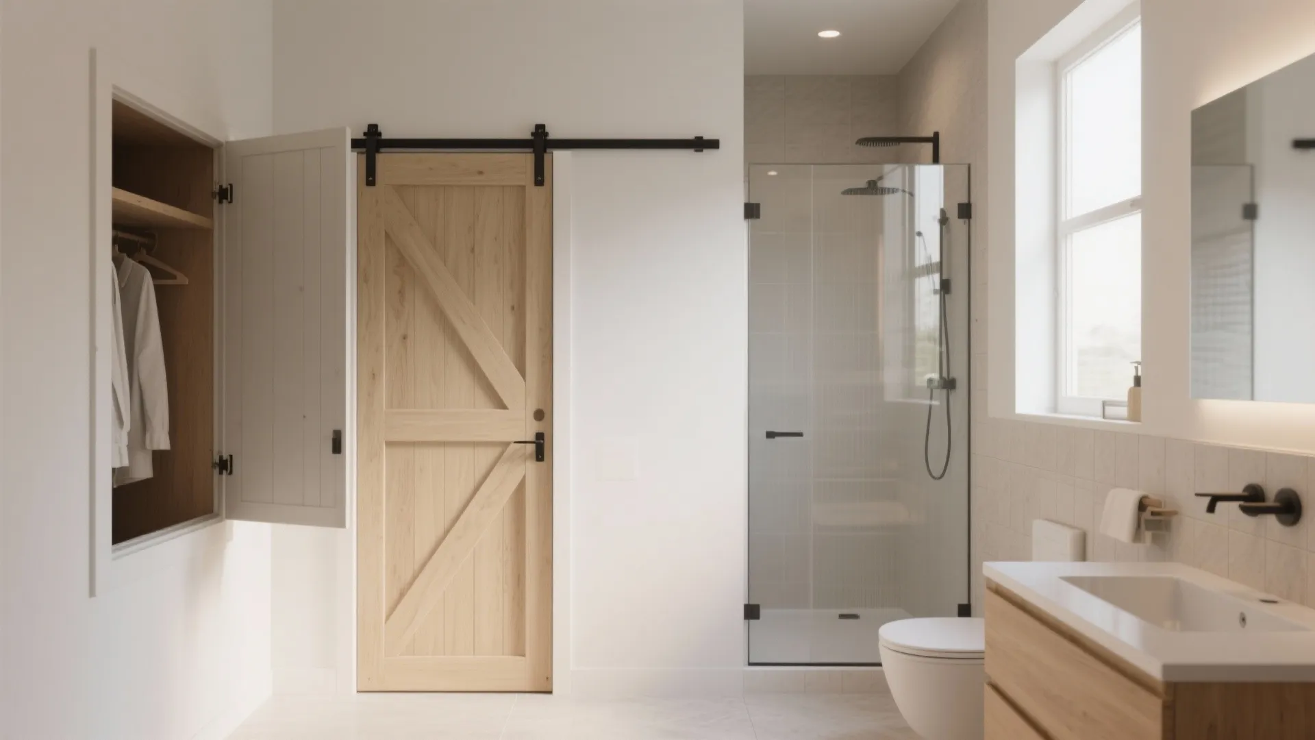 Modern bright bathroom featuring wooden sliding door shower glass stall white toilet and wooden sink cabinet