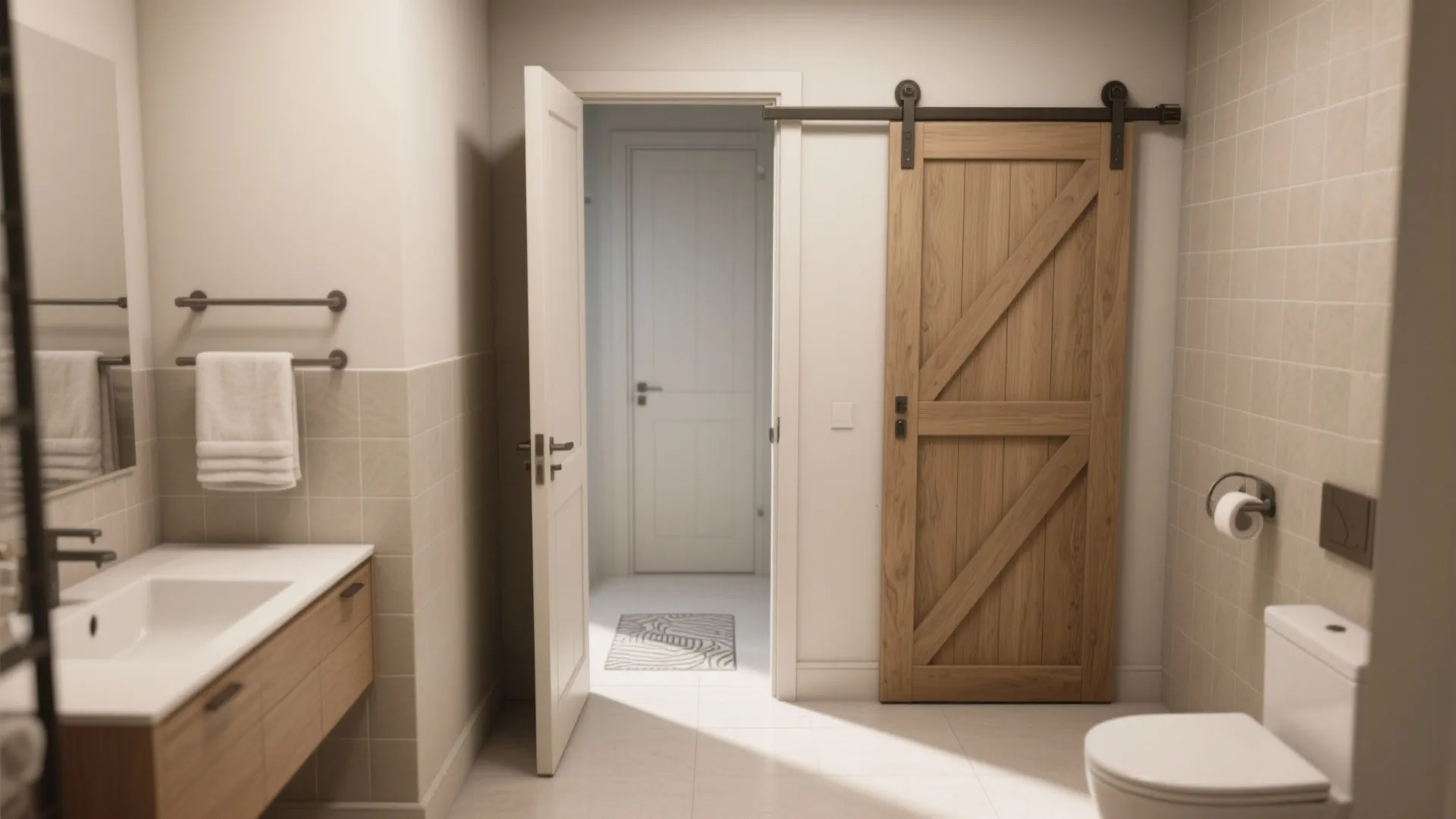 Modern bathroom with white toilet wooden sink cabinet sliding wooden door and white tiled wall layout