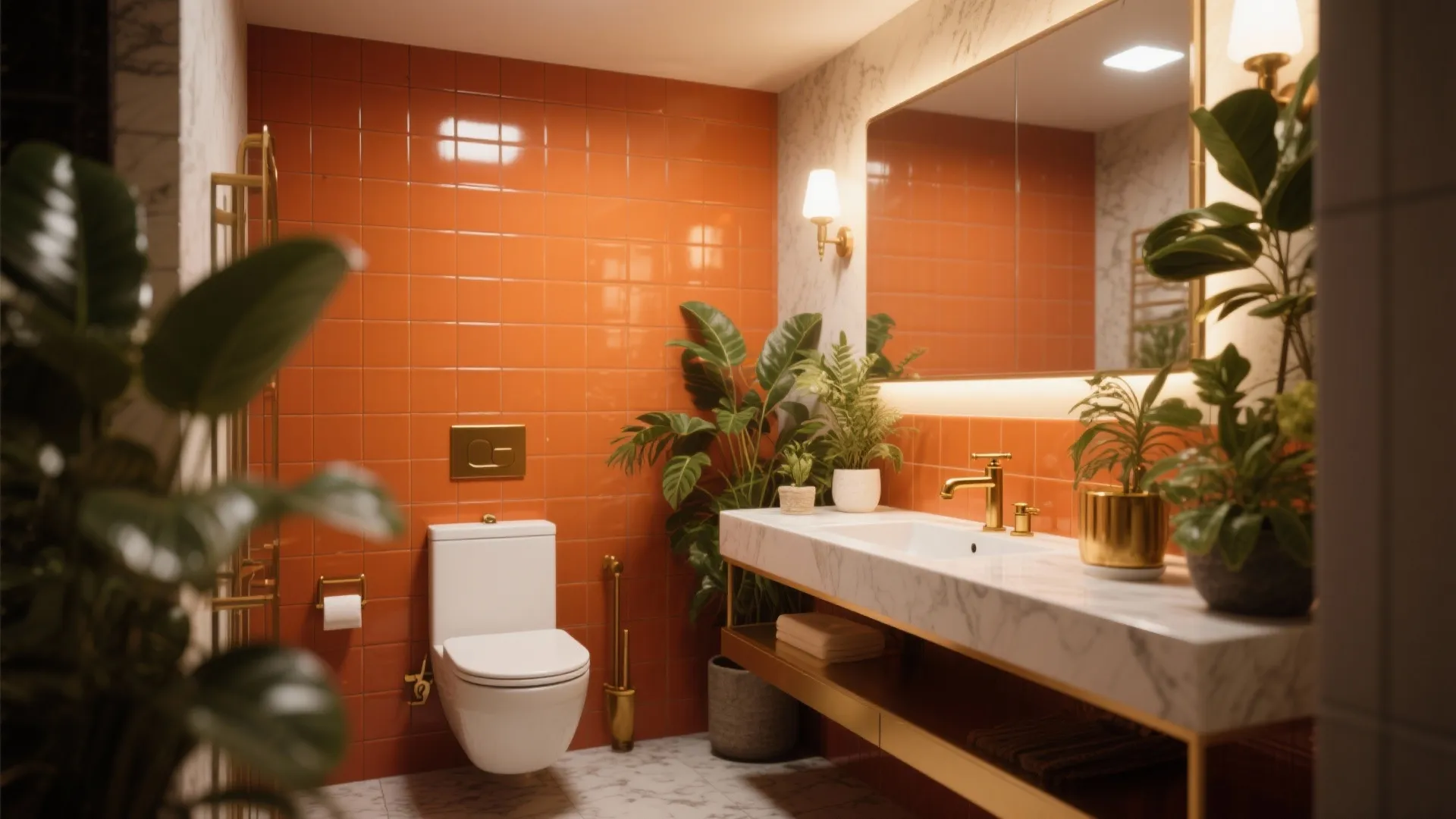 Modern bathroom with orange wall tiles and white marble sink plus gold faucet and green plants
