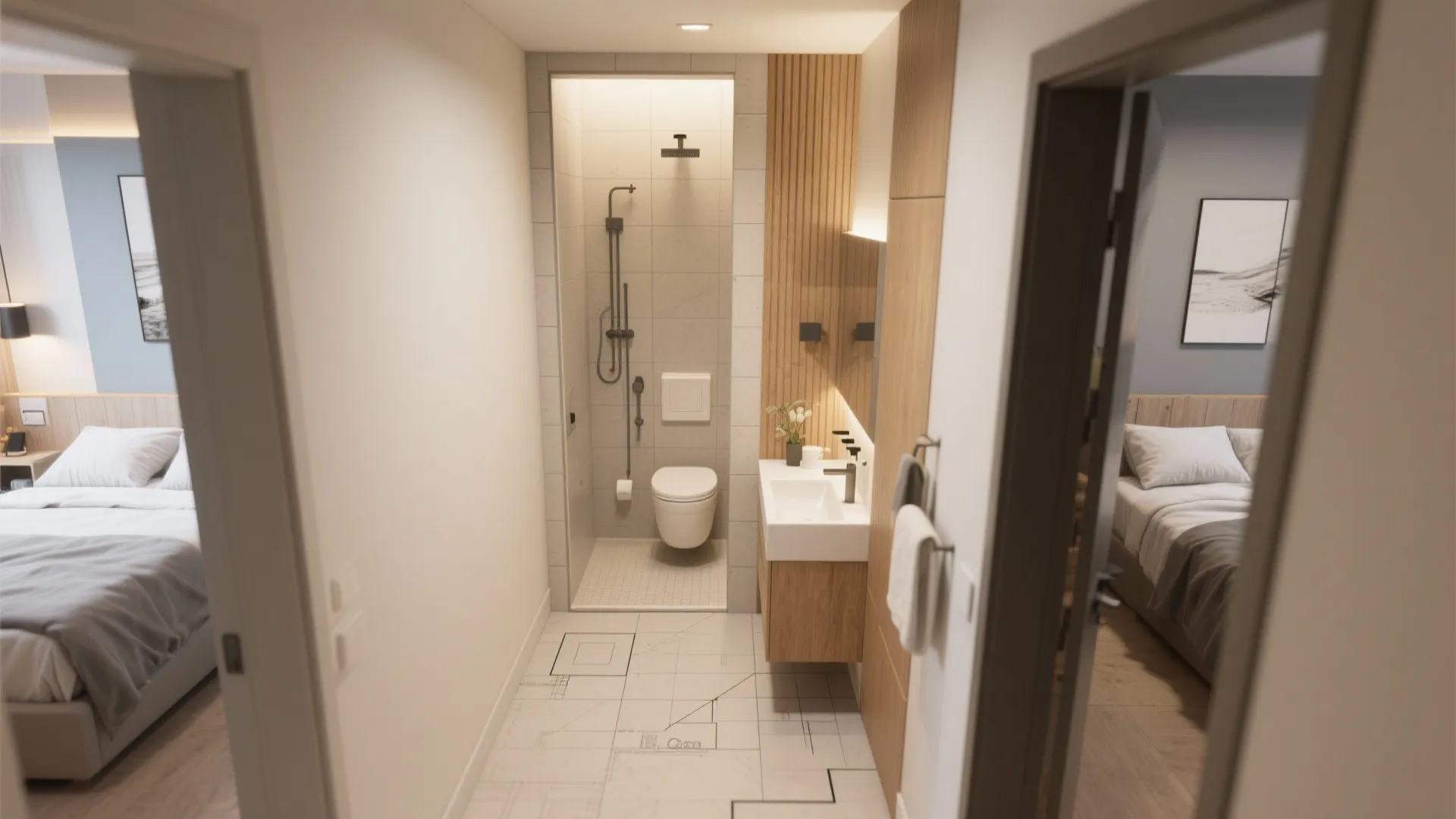 Central bathroom with a hallway niche vanity to reduce morning queues and optimize plumbing.