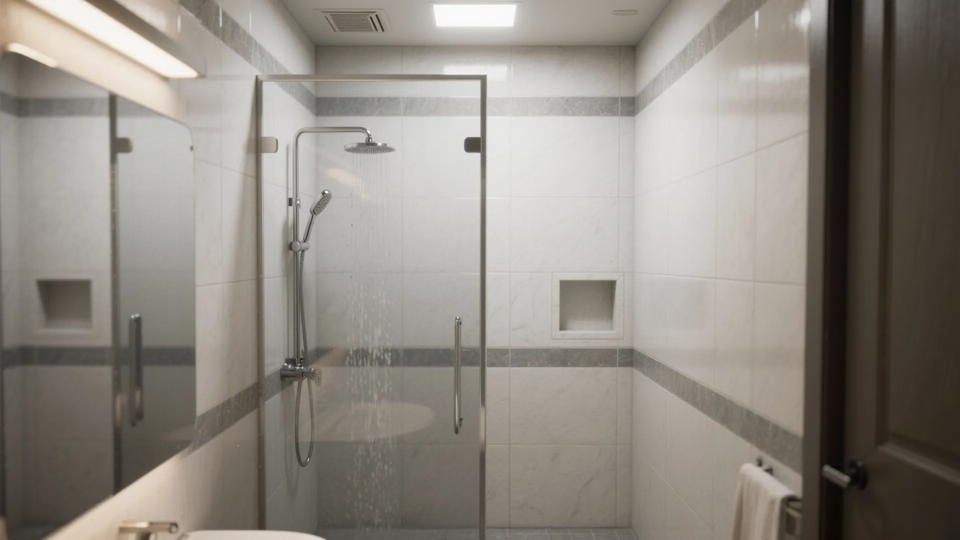 Bright bathroom interior featuring glass shower door white marble wall tiles and silver metal shower head