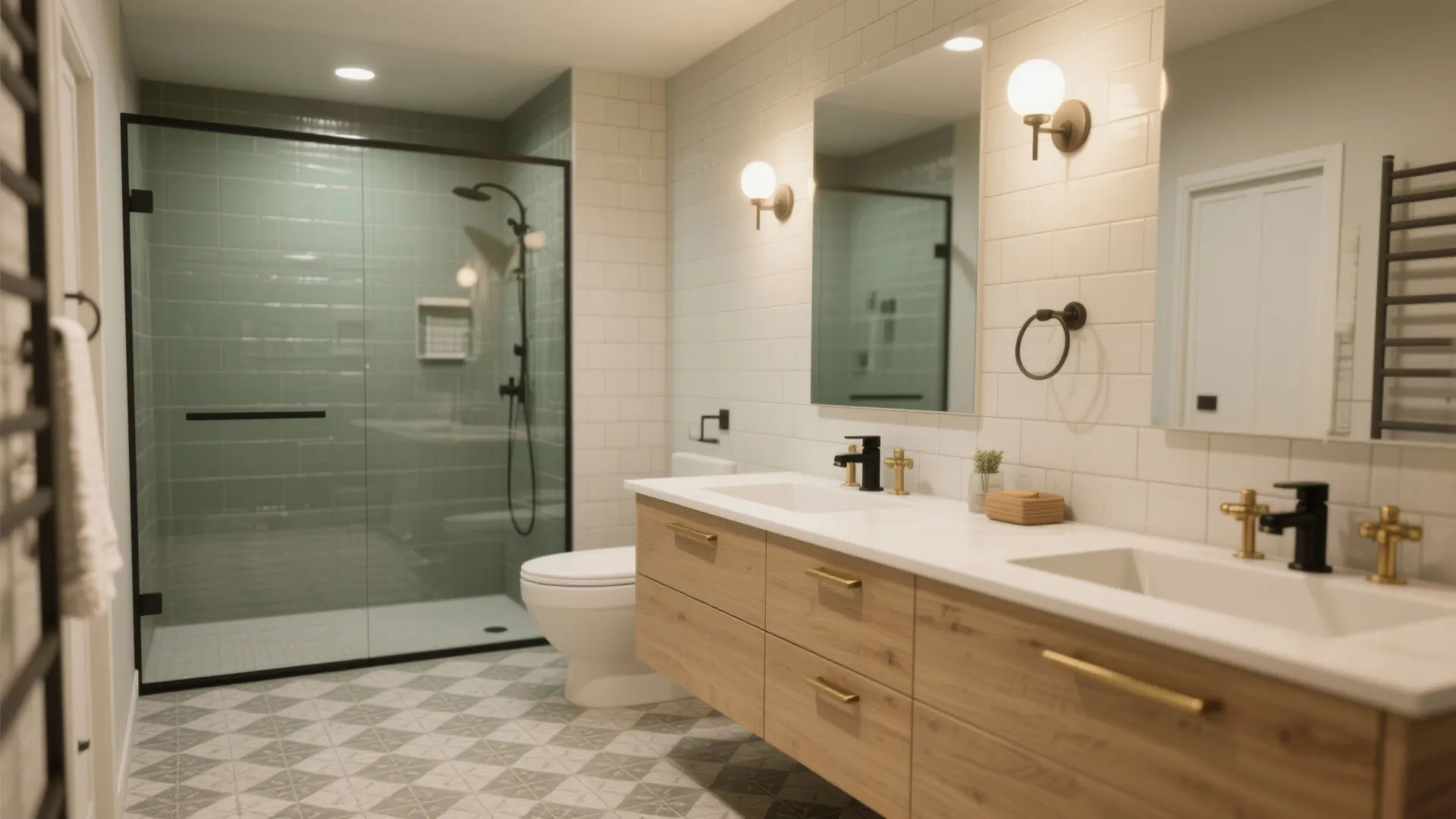 Double sink wood cabinet in bathroom with glass shower door wall light and grey floor tile