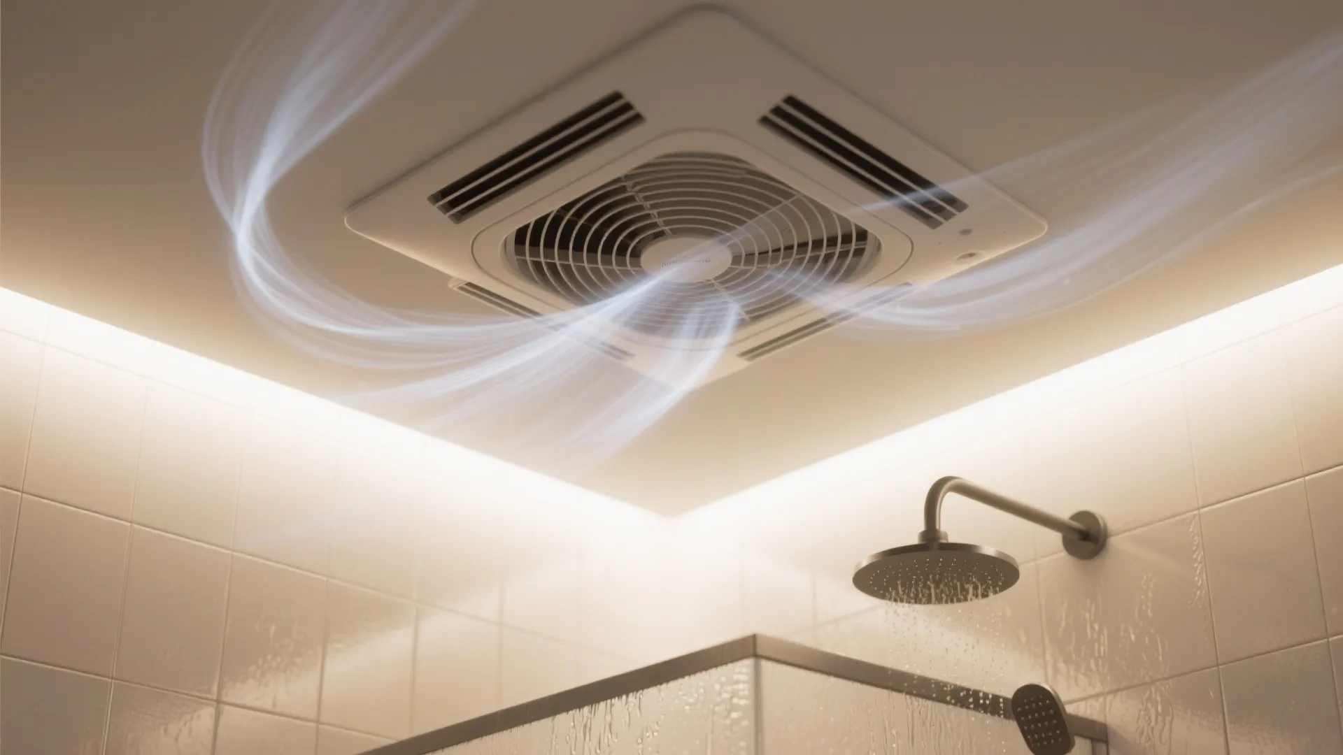 Modern bathroom ceiling fan moving air above a shower head in a white tiled bathroom space