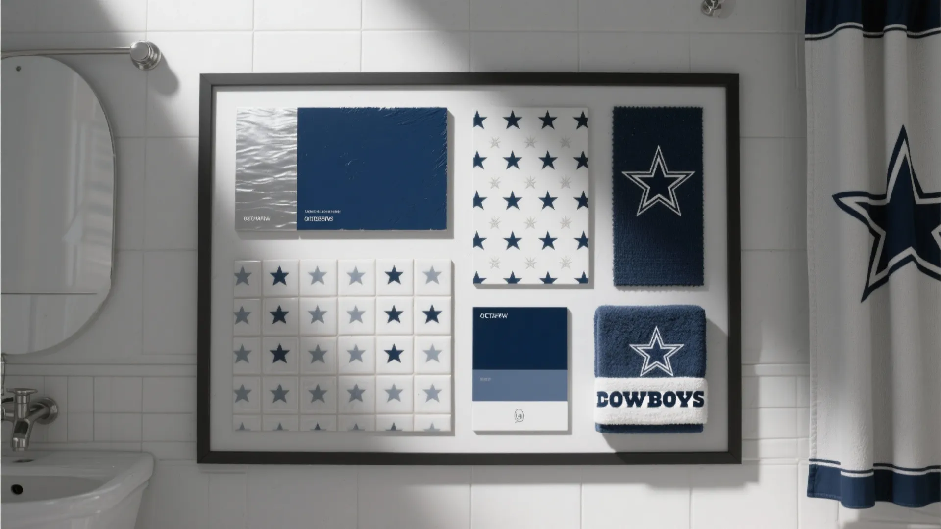 Mood board displaying blue and white star pattern tiles and navy towels for bathroom design