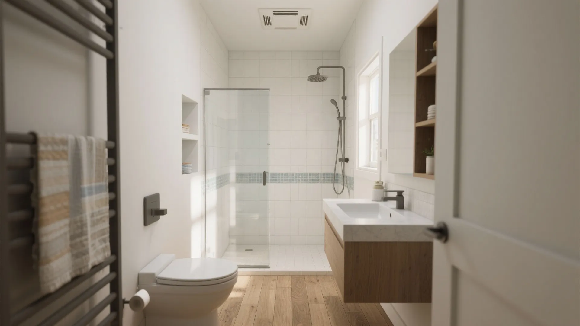 Clean bathroom interior with glass shower door wooden floor white toilet and floating wooden sink