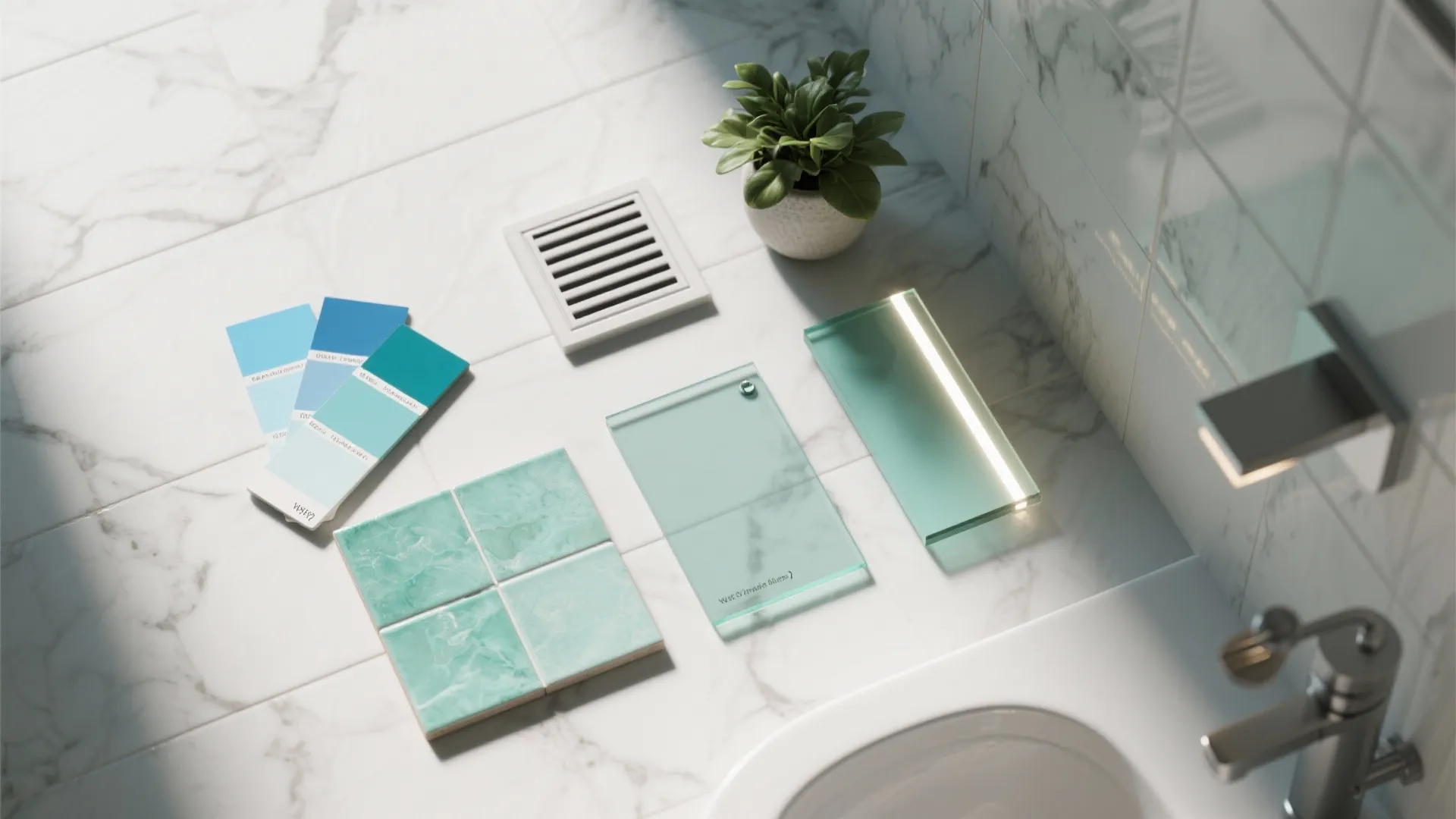 Interior design materials on marble floor including blue color swatches green tiles and glass samples