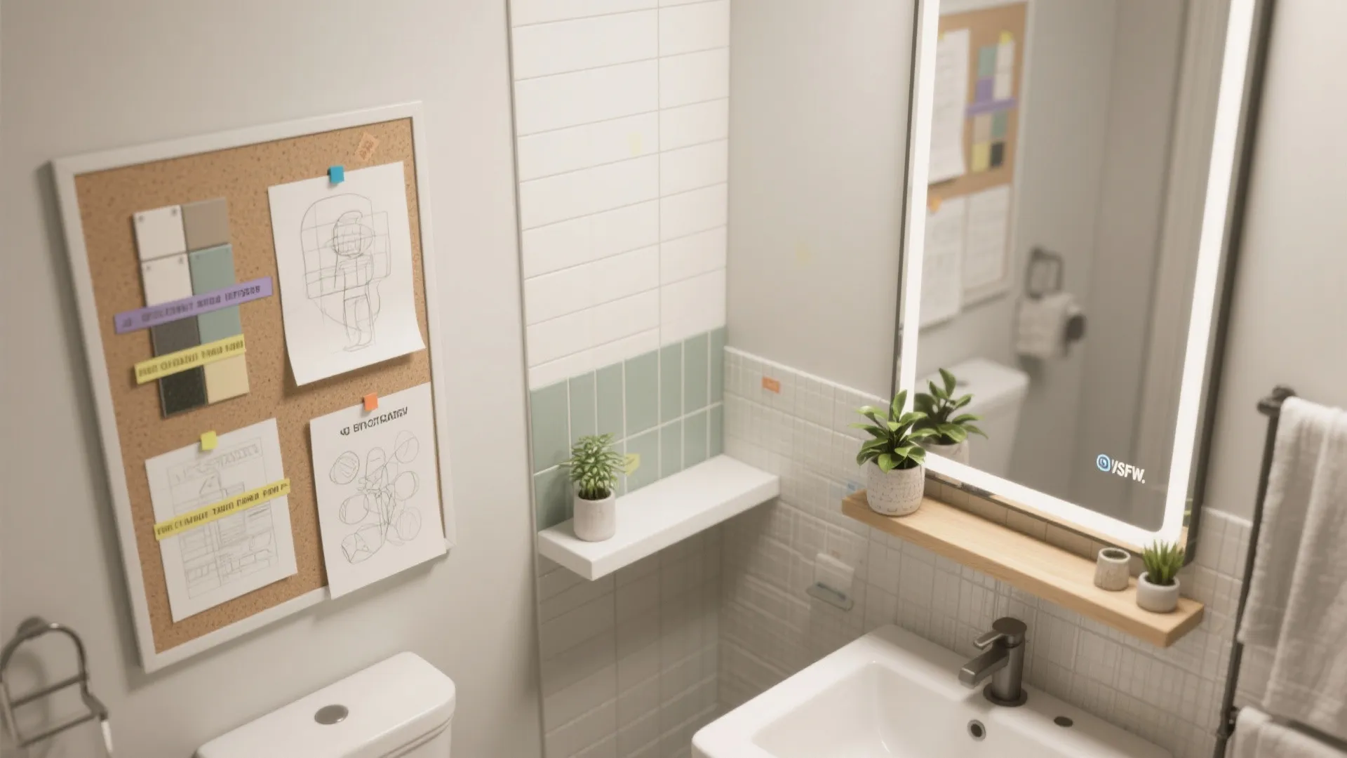 Moodboard and layout sketch showing quick bathroom wall updates like peel-and-stick tile, mirror and shelf placements.