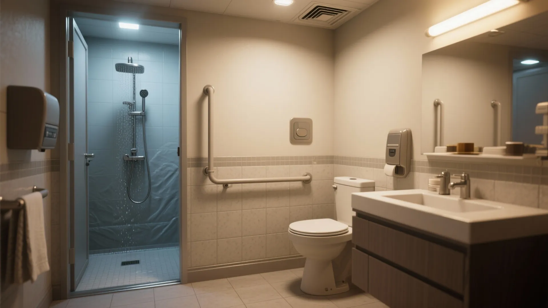 Accessible bathroom design with a walk-in shower, safety handrails, white toilet, and modern bathroom sink