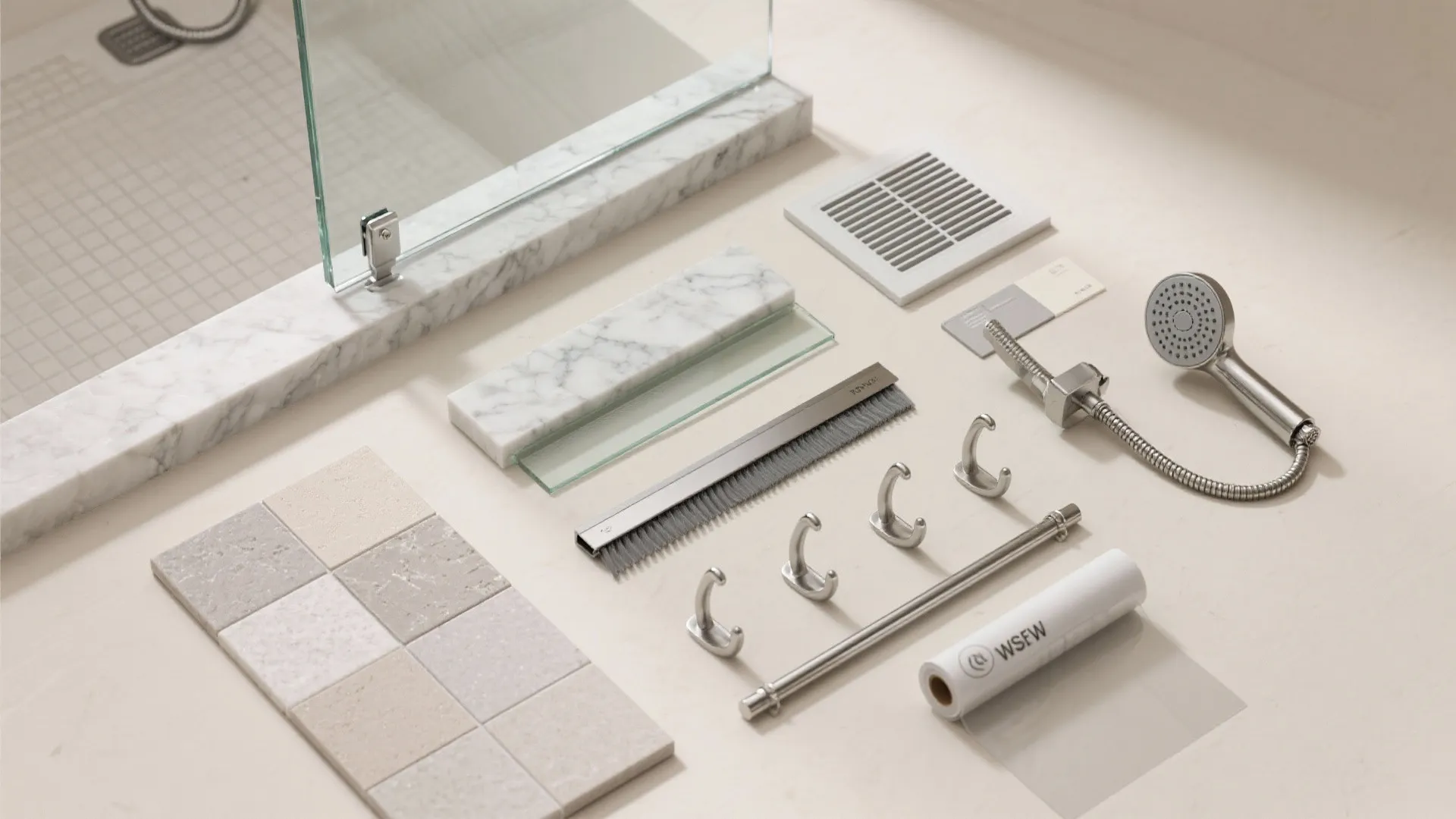 Various bathroom materials and fixtures including marble pieces tiles shower head and metal wall hooks