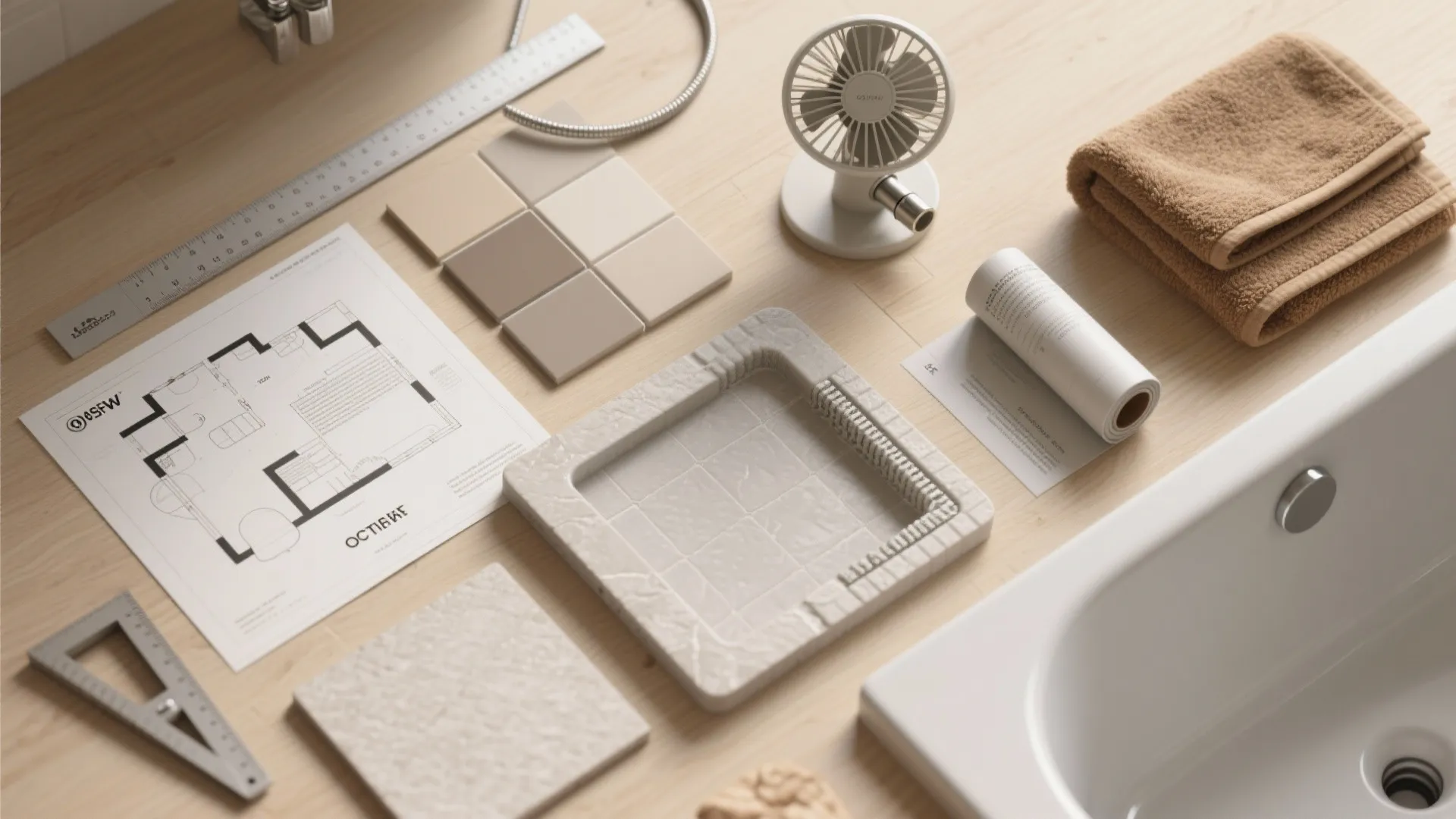 Bathroom design planning materials with floor plan tiles towels and small fan on wood surface
