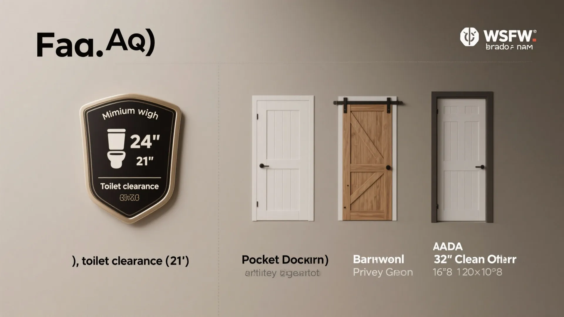 Infographic-style composite of icons and brief facts about bathroom door widths, clearances and door types.